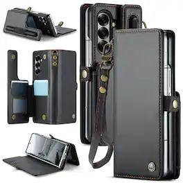 Dteck - Shockproof Flip Wallet Phone Case for Samsung Galaxy Z Fold8 Ultra, RFID Leather Protective Kickstand Cover with Strap - Black