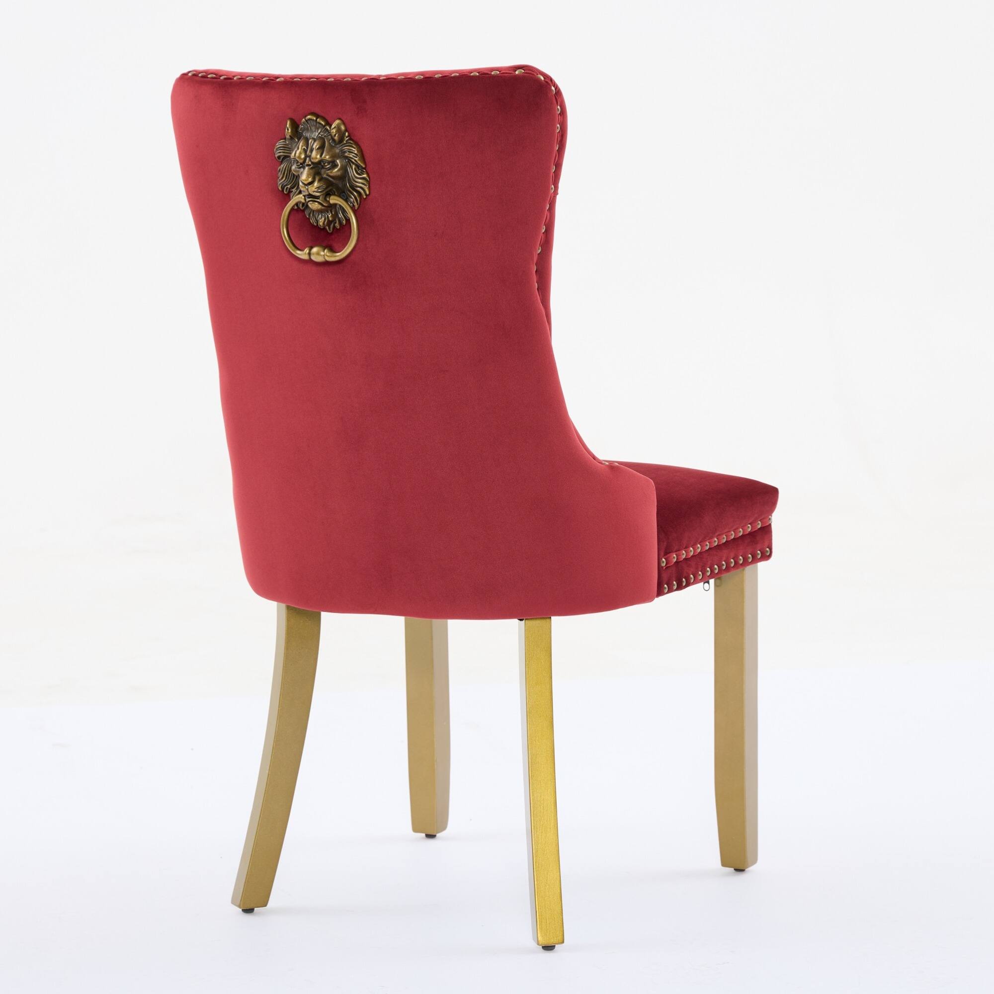 Alt View 2. GOODSILO - Modern Tufted Velvet Dining Chairs with Lion Head Pull Rings and Golden Wooden Legs, Set of 2 - Wine Red.