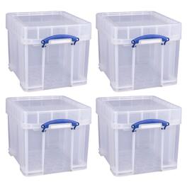 Really Useful Box - 35L Storage Container with Snap Lid & Clip Lock Handle, 4 Pack - Clear