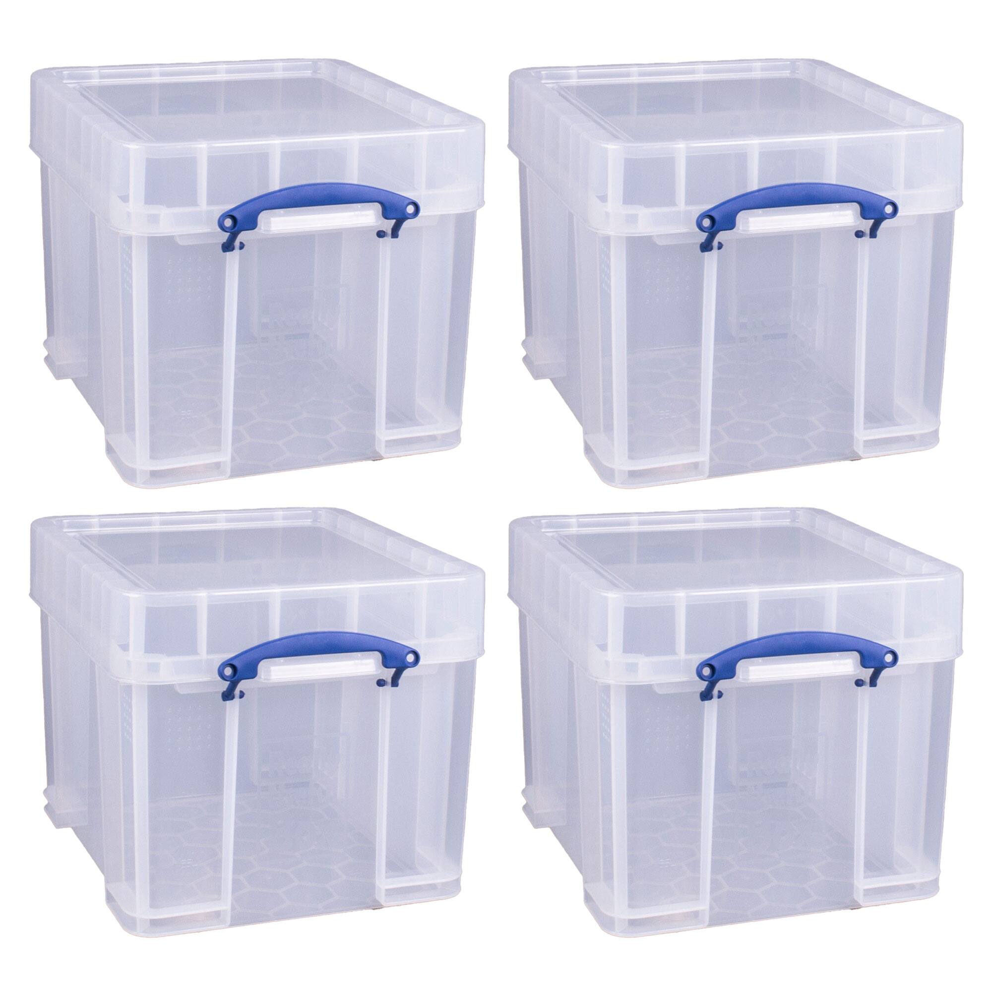 Front. Really Useful Box - Really Useful Box 35L Storage Container with Snap Lid & Clip Lock Handle, 4 Pack - Clear.