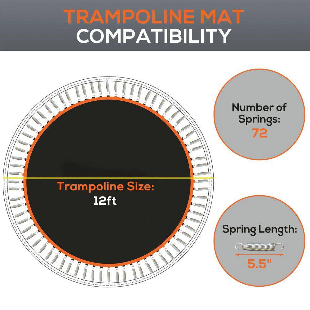 TRAMPOLINE MAT COMPATIBILITY

- Number of Springs: 72
- Trampoline Size: 12ft
- Spring Length: 5.5"