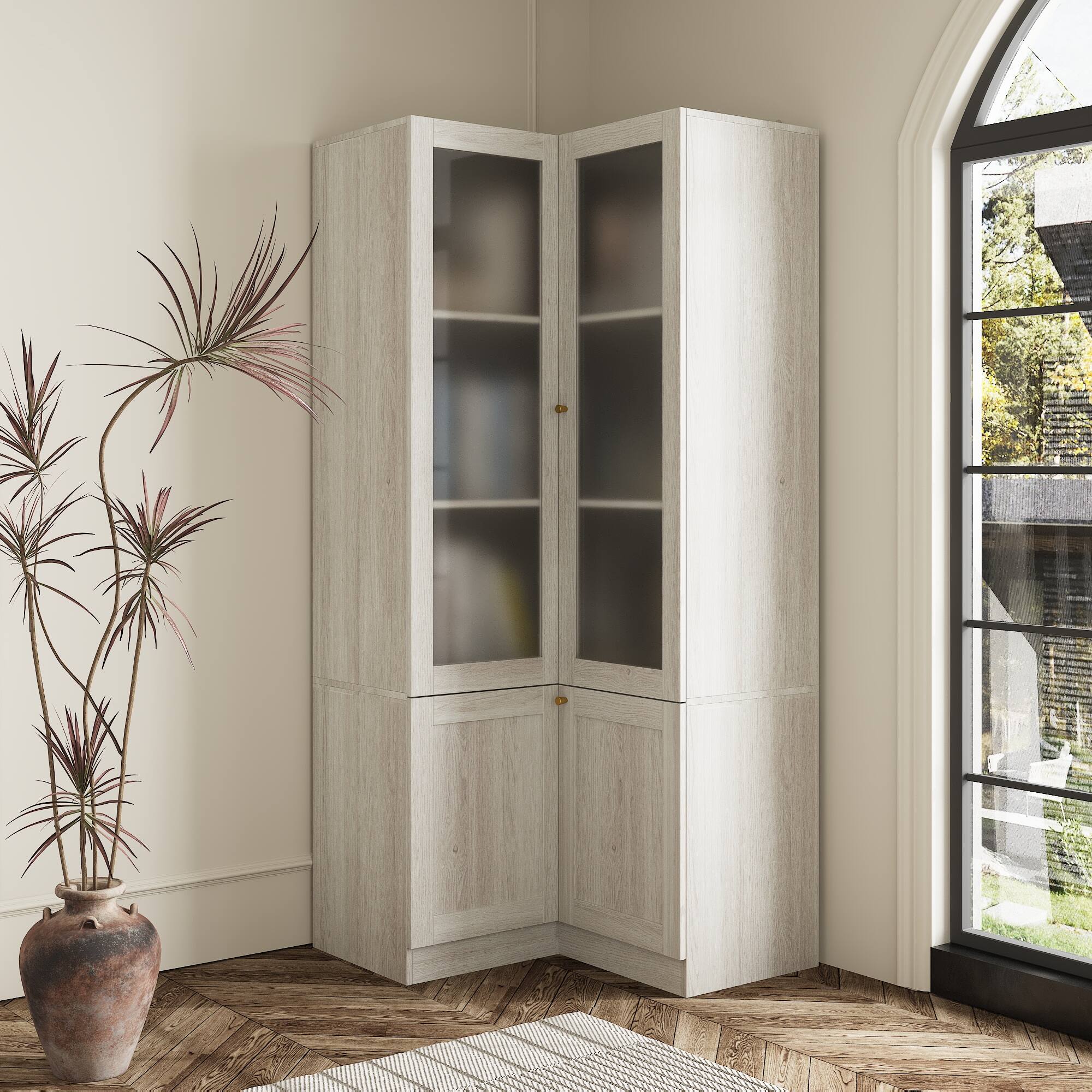 Front. Famapy - Corner Frosted Glass Bookcase Modern Storage Cabinet with Shelves and Doors for Living Room Bedroom Study - Light Gray.