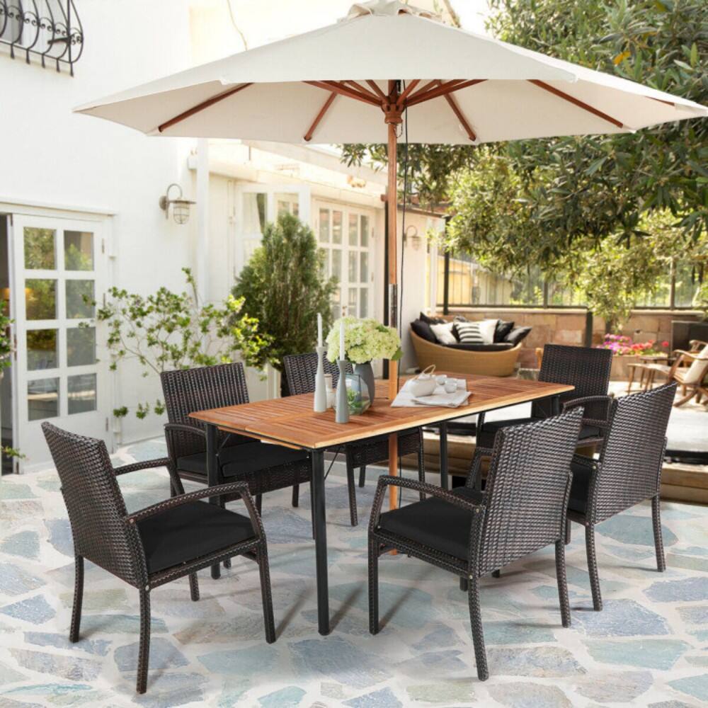 Left. Mondawe - 7 Pieces Patio Rattan Cushioned Dining Set with Umbrella Hole - Black.