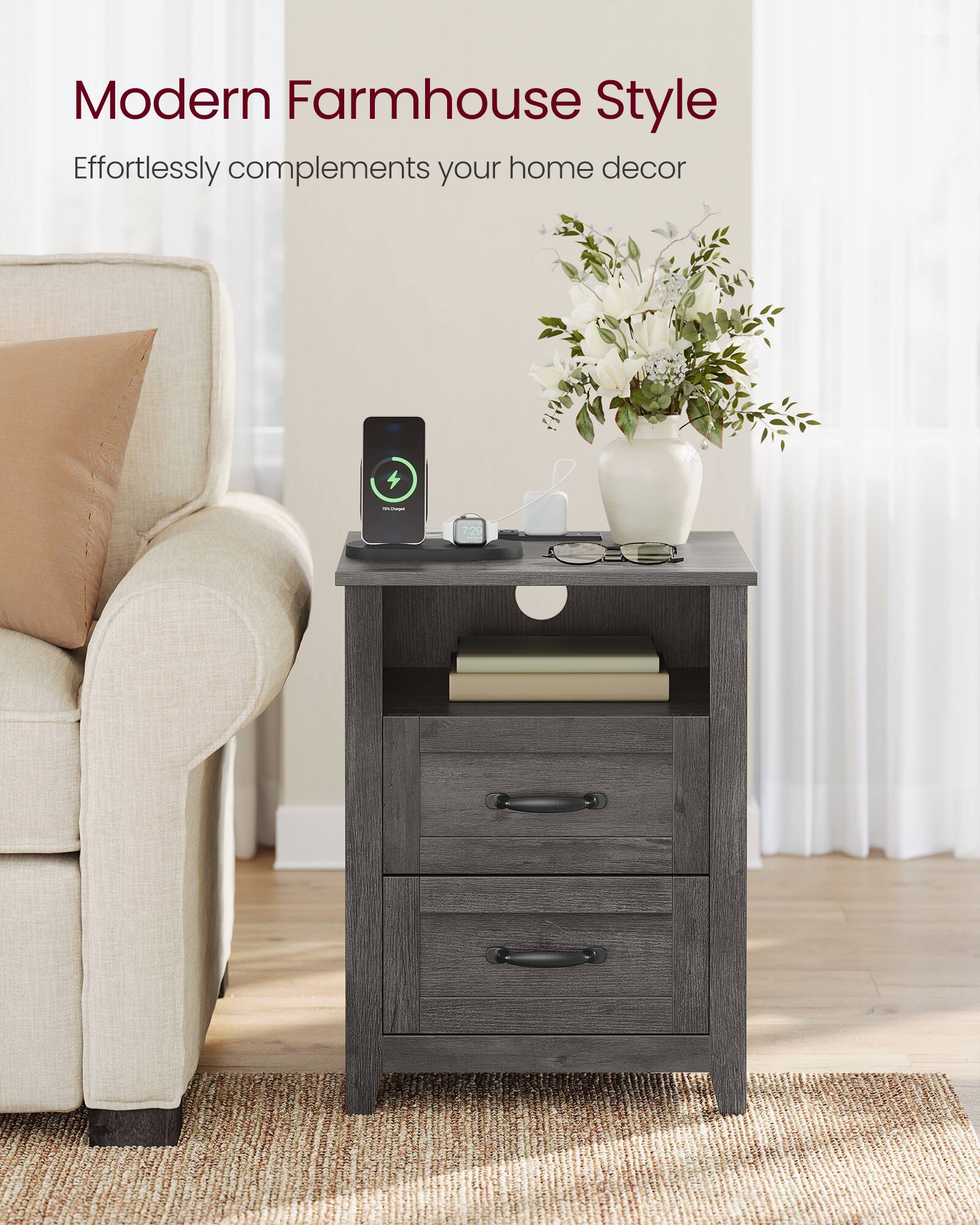 Songmics Home Farmhouse Nightstand with Charging Station, Bedside