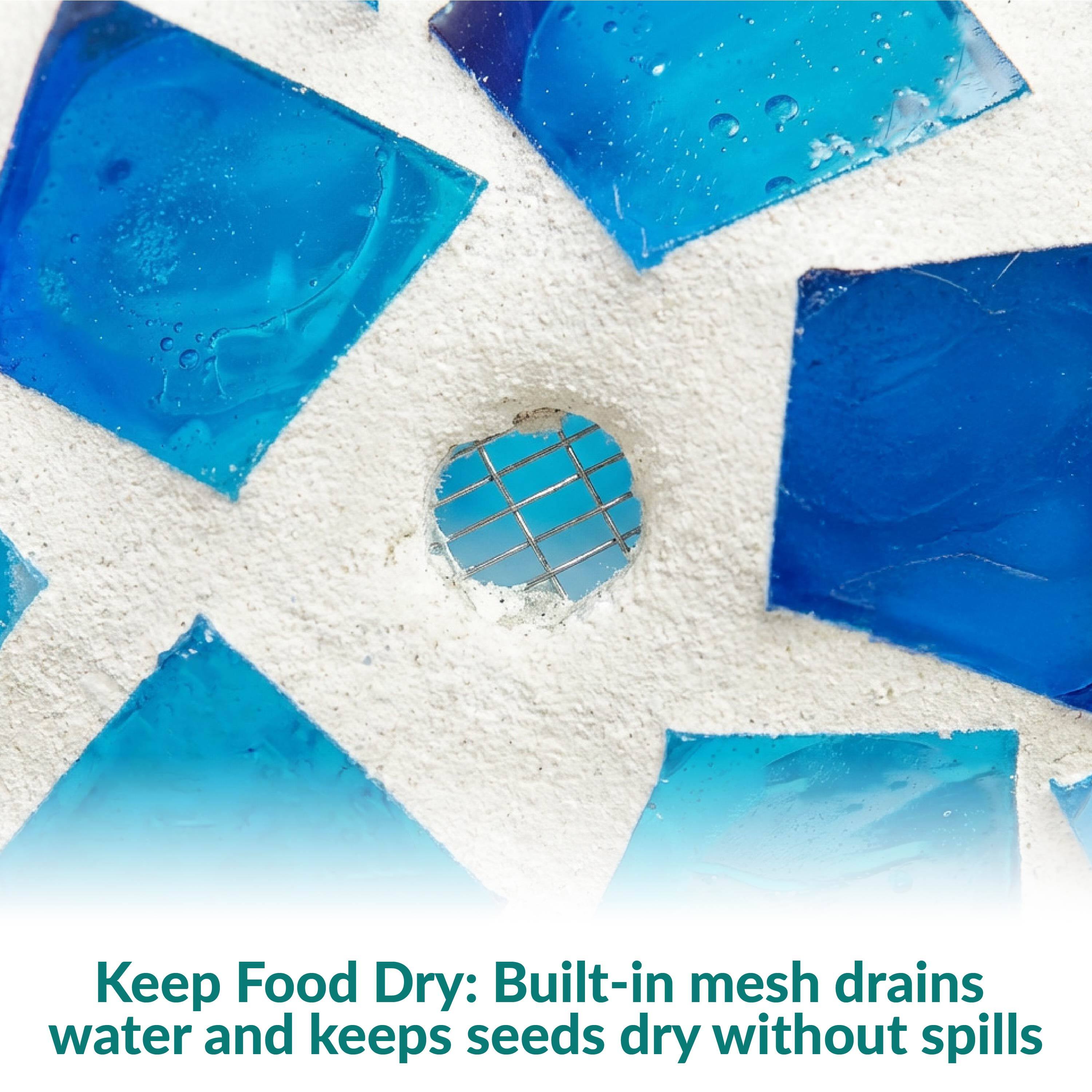 Keep Food Dry: Built-in mesh drains water and keeps seeds dry without spills