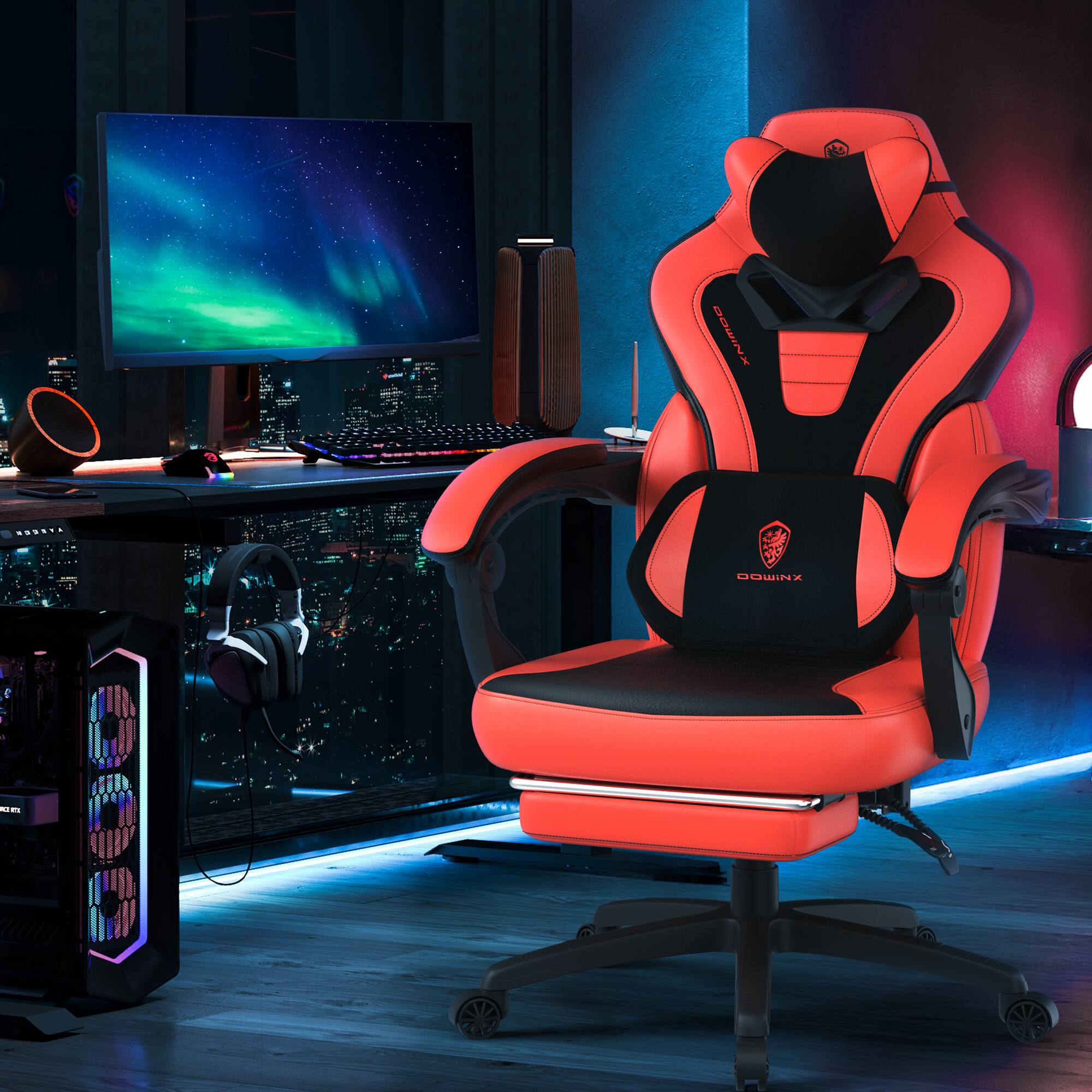Alt View 3. Dowinx - Gaming Chair Ergonomic with Adjustable Massage Lumbar Support, Reclining Office Chair with Footrest for Adults - Red.
