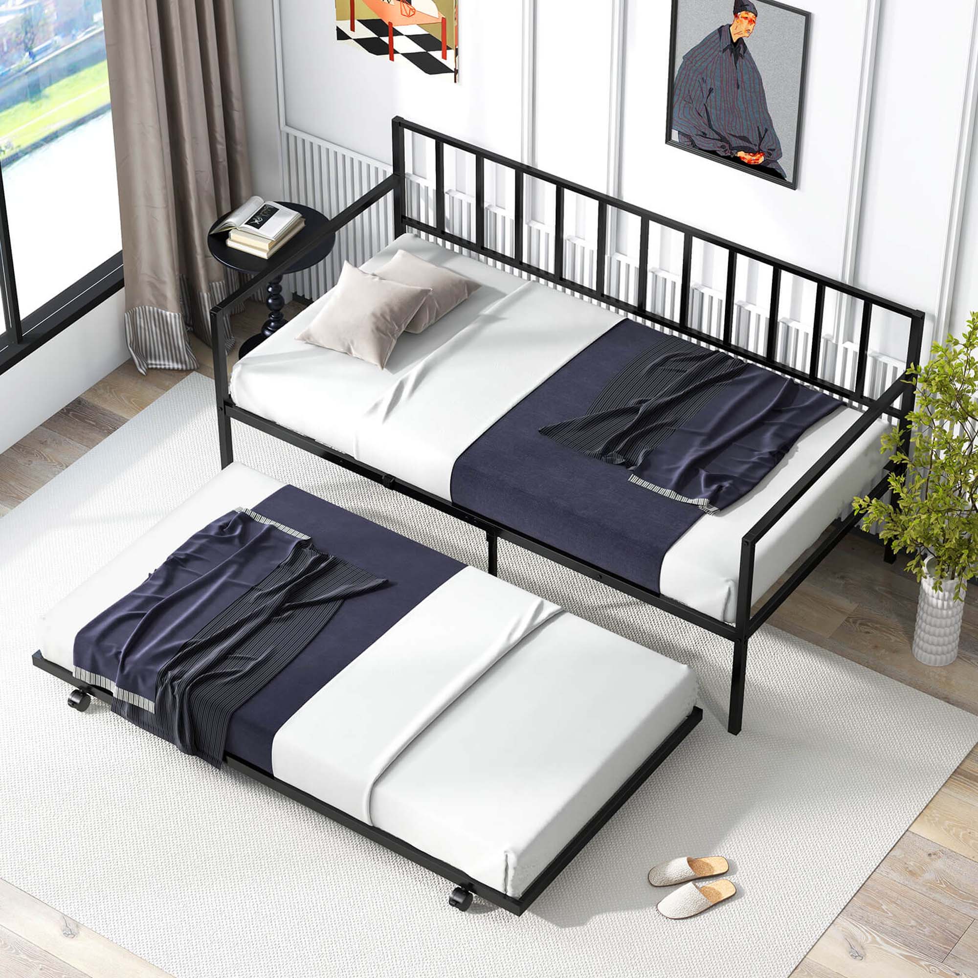 Alt View 1. Costway - Costway Twin Metal Daybed Sofa Bed with Trundle & Lockable Casters for Living Room - Black.