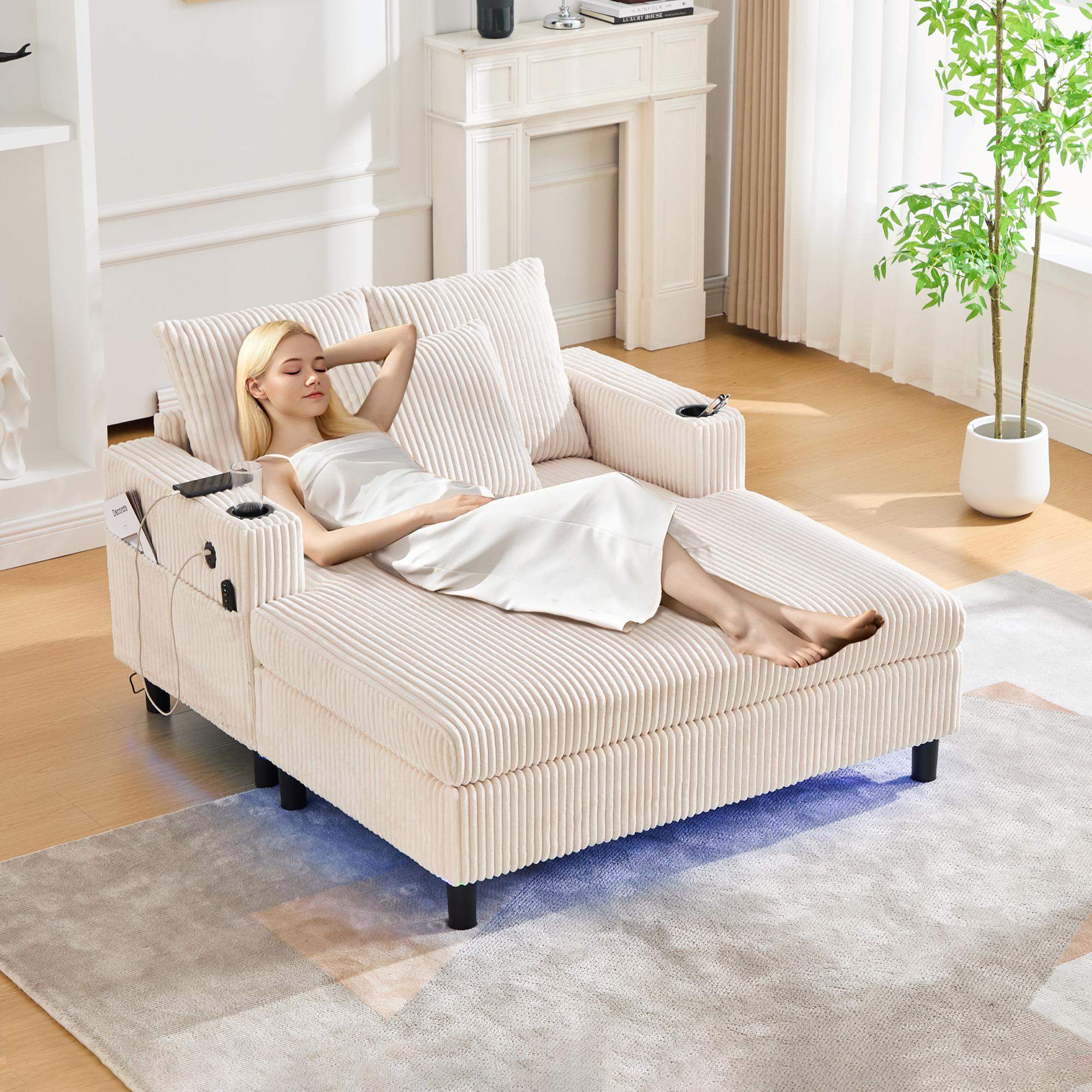 Left. Roomtec - UNITED WE WIN Modern Corduroy Oversized Recliner Sofa with Deep Seat 3 Pillows USB Charging RGB LED Light Strip Cup - Beige.