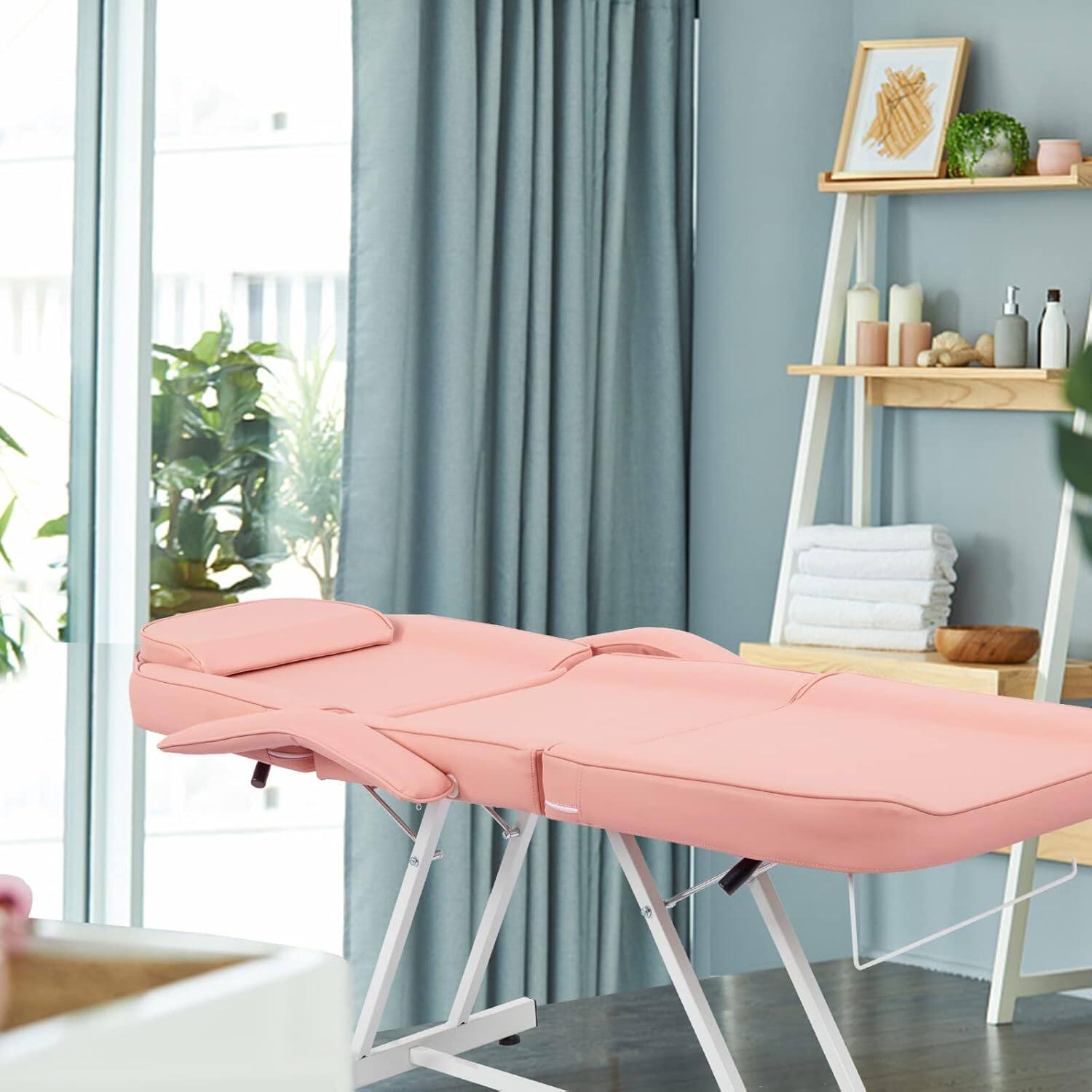 Angle. Winado - Professional Spa Massage Facial Bed with Hydraulic Stool & Adjustable Backrest & Leg Support for Massage Tattoo Waxing - Pink.