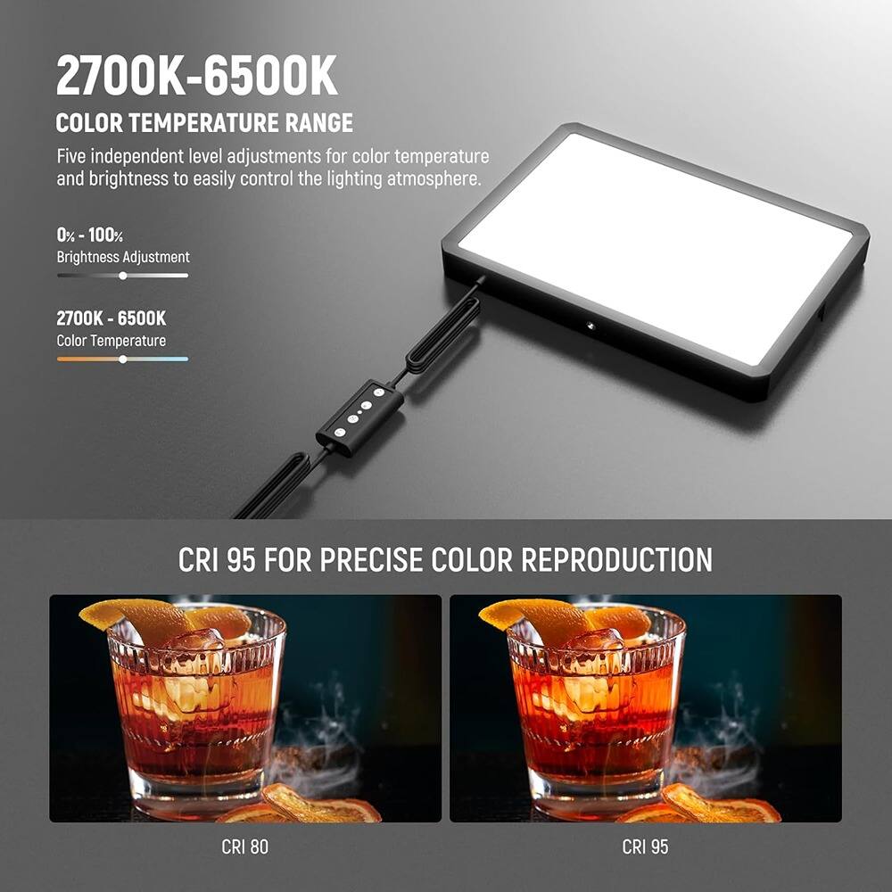 2700K-6500K COLOR TEMPERATURE RANGE

Five independent level adjustments for color temperature and brightness to easily control the lighting atmosphere.

0% - 100% Brightness Adjustment

2700K - 6500K Color Temperature

CRI 95 FOR PRECISE COLOR REPRODUCTION

CRI 80

CRI 95