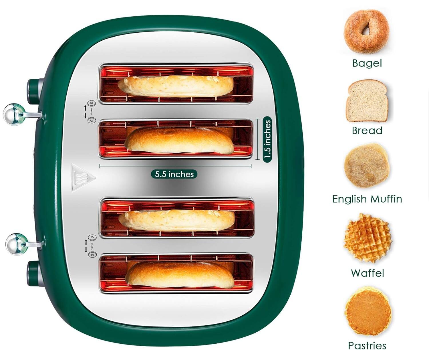 Bagel  
1.5 inches  
Bread  
5.5 inches  
English Muffin  
Waffle  
Pastries