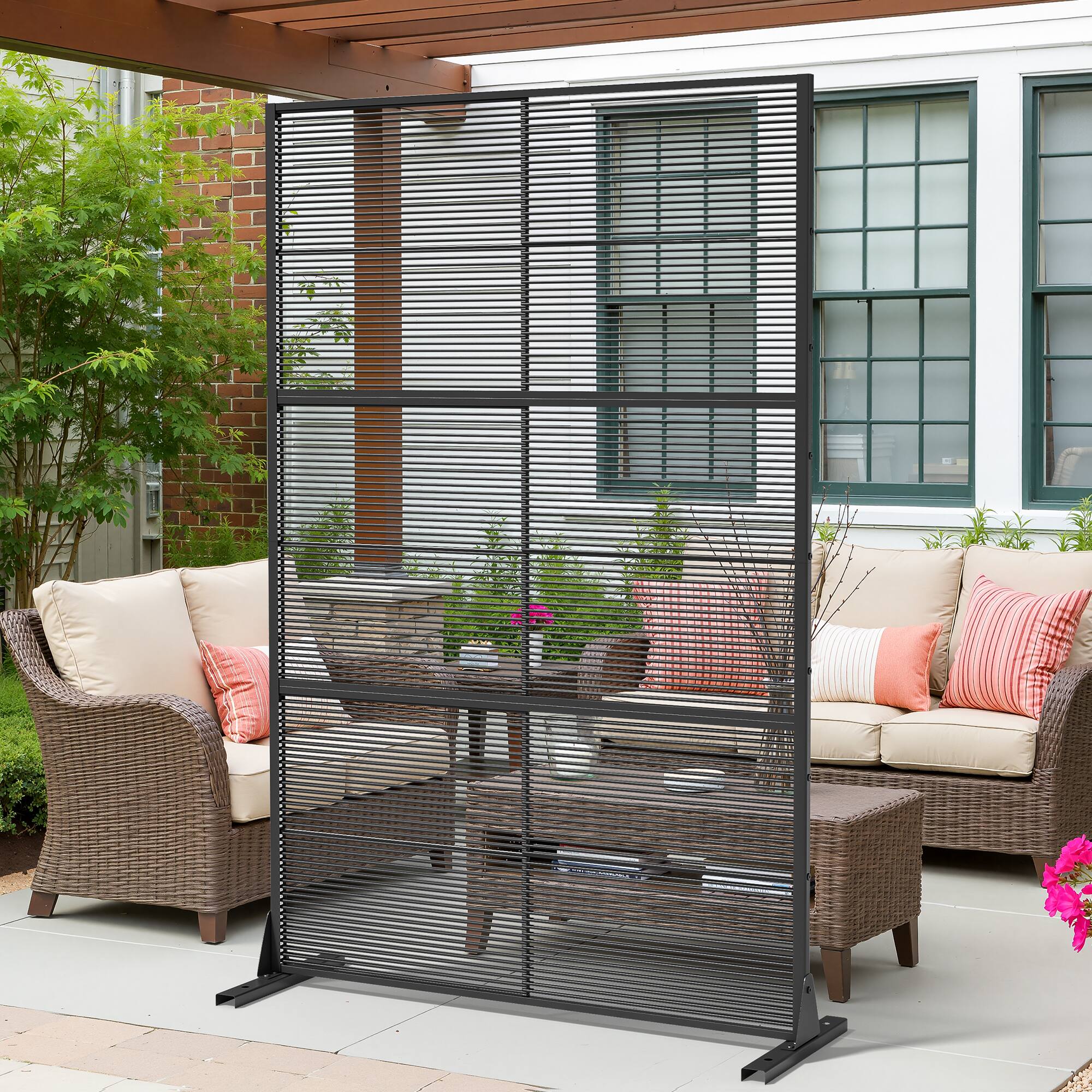 Alt View 3. PexFix - 72 in. x 47 in. Rattan Horizontal Pattern Metal Outdoor Privacy Screen & Panels, Freestanding Garden Divider Fence - Black.