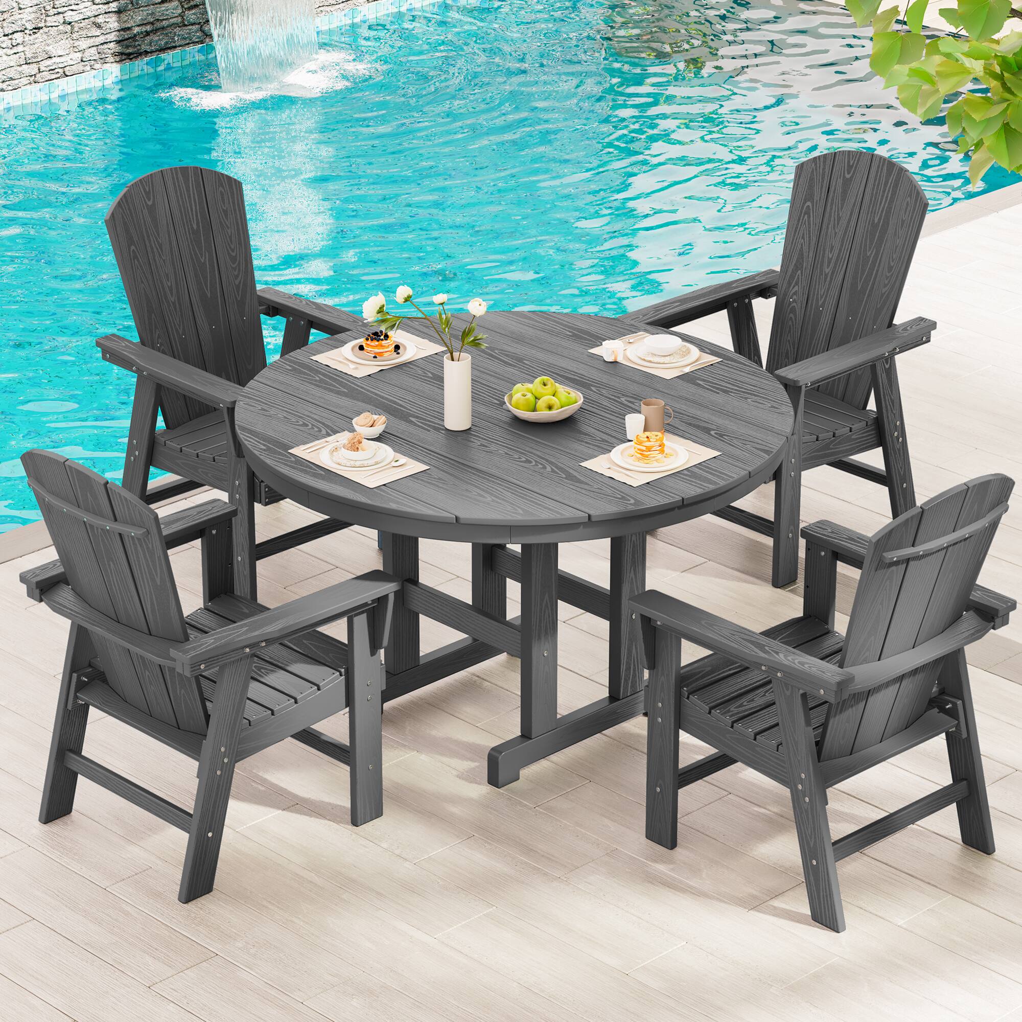 Front. SERWALL - SERWALL 5-Piece Patio Dining Sets, HDPE 45" Round Dining Table and 4 Adirondack Dining Chair, Gray - Gray.