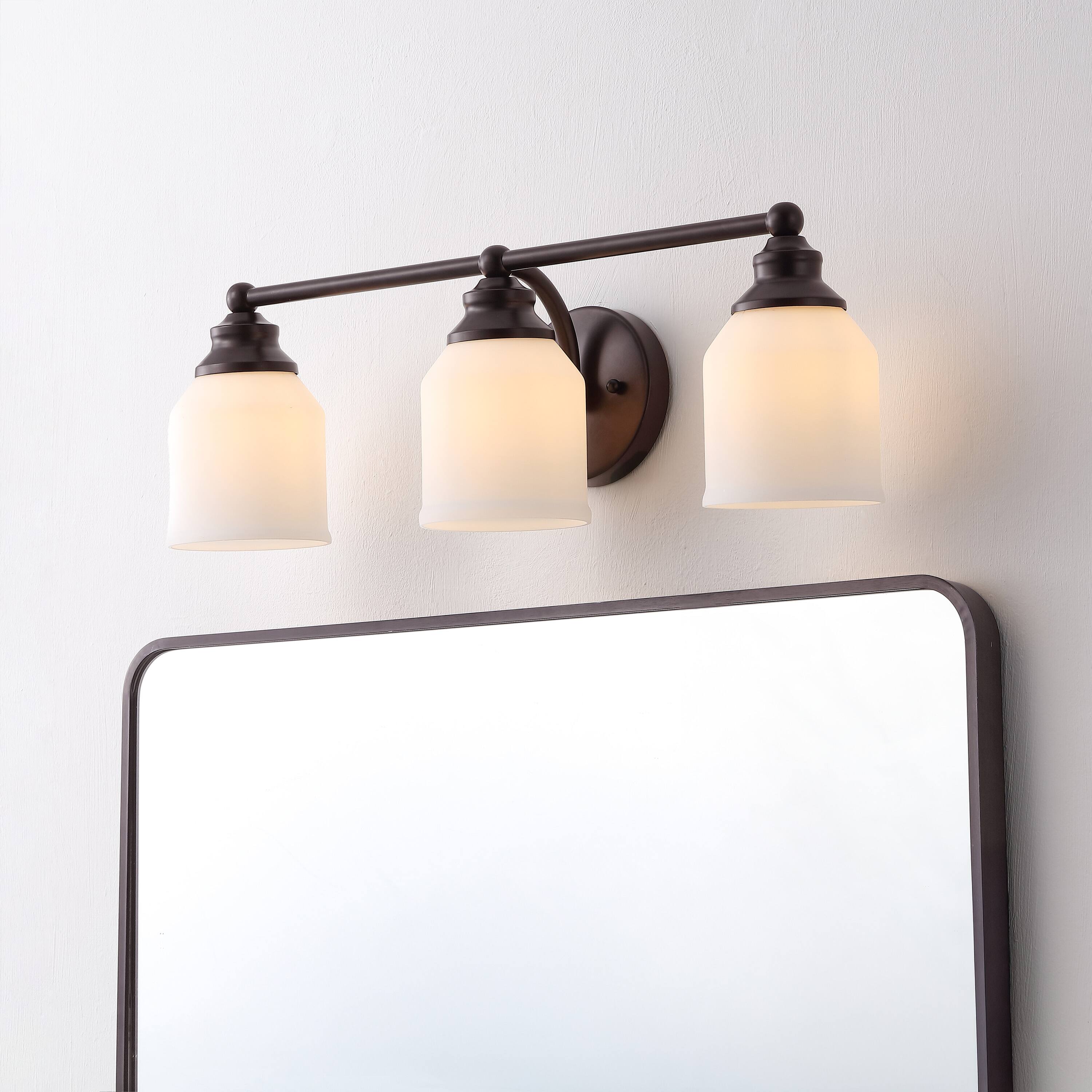 Alt View 1. Jonathan Y - Lydia 24" 3-Light Farmhouse Cottage Metal LED Vanity Light with Frosted Glass Shades, Oil Rubbed Bronze - Oil Rubbed Bronze.