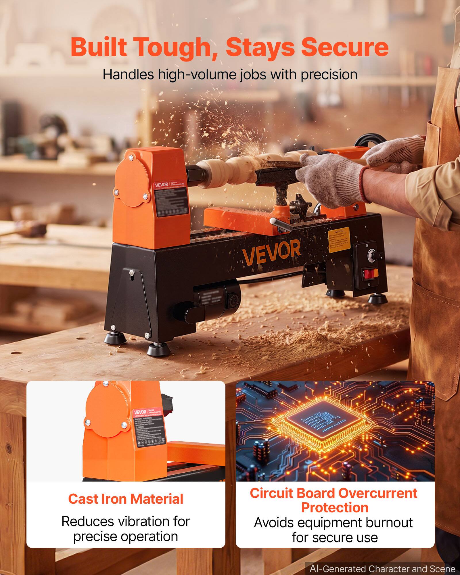 Built Tough, Stays Secure  
Handles high-volume jobs with precision

VEVOR

Cast Iron Material  
Reduces vibration for precise operation

Circuit Board Overcurrent Protection  
Avoids equipment burnout for secure use

AI-Generated Character and Scene