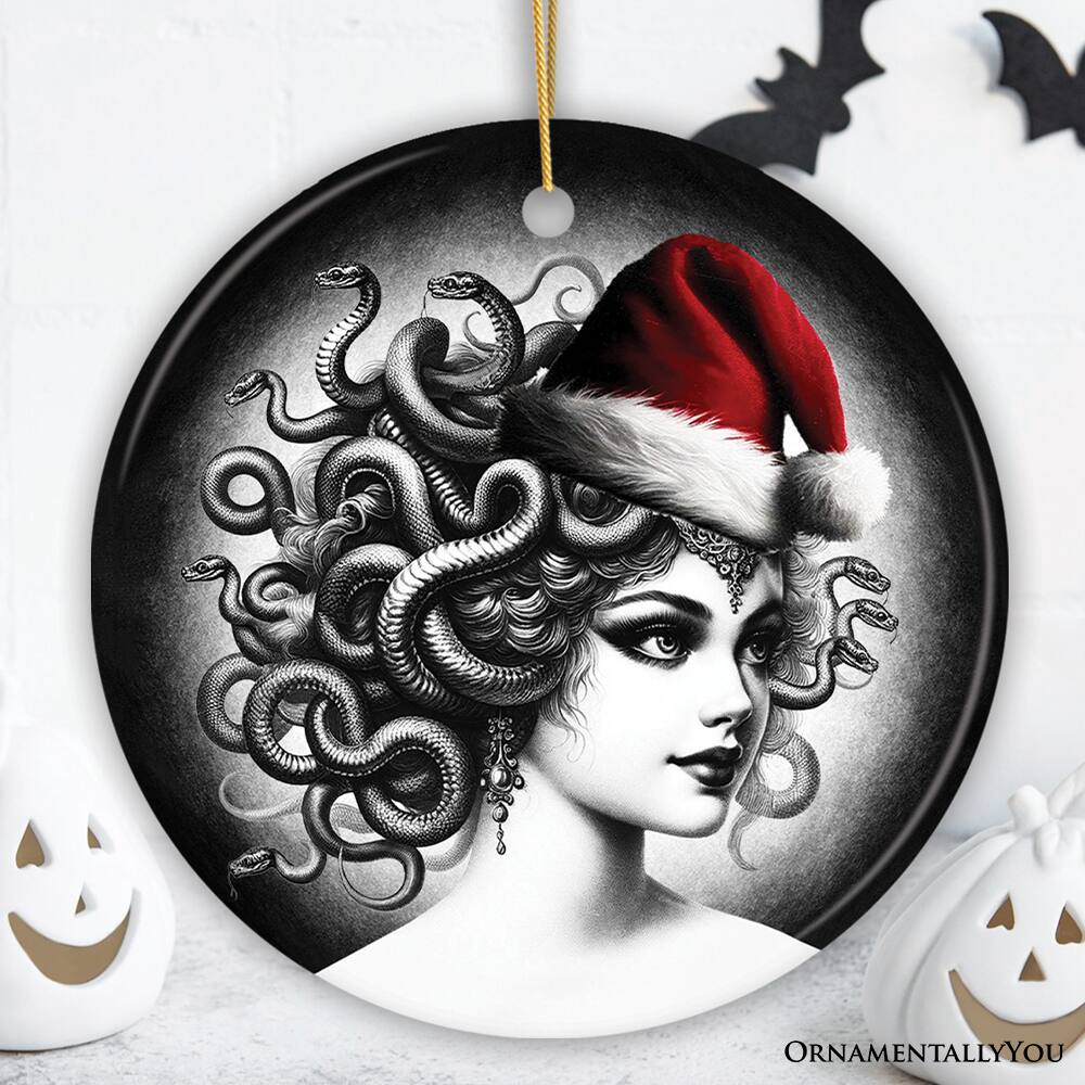 Back. OrnamentallyYou - Bewitching Medusa with Santa Hat Ornament Alluring Christmas Decoration for Halloween Tree Circle - Multi-colored.