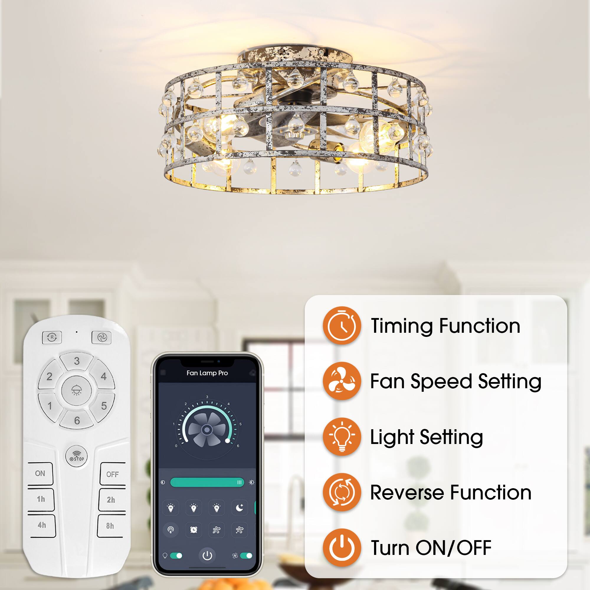 Timing Function  
Fan Speed Setting  
Light Setting  
Reverse Function  
Turn ON/OFF  

1h  
2h  
4h  
8h  

Fan Lamp Pro