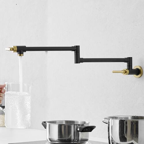 Left. Siljoy - Pot Filler Faucet Wall Mount Folding Kitchen Sink Faucets Retractable Single Hole with 2 Handles Black & Gold - Black+Gold.