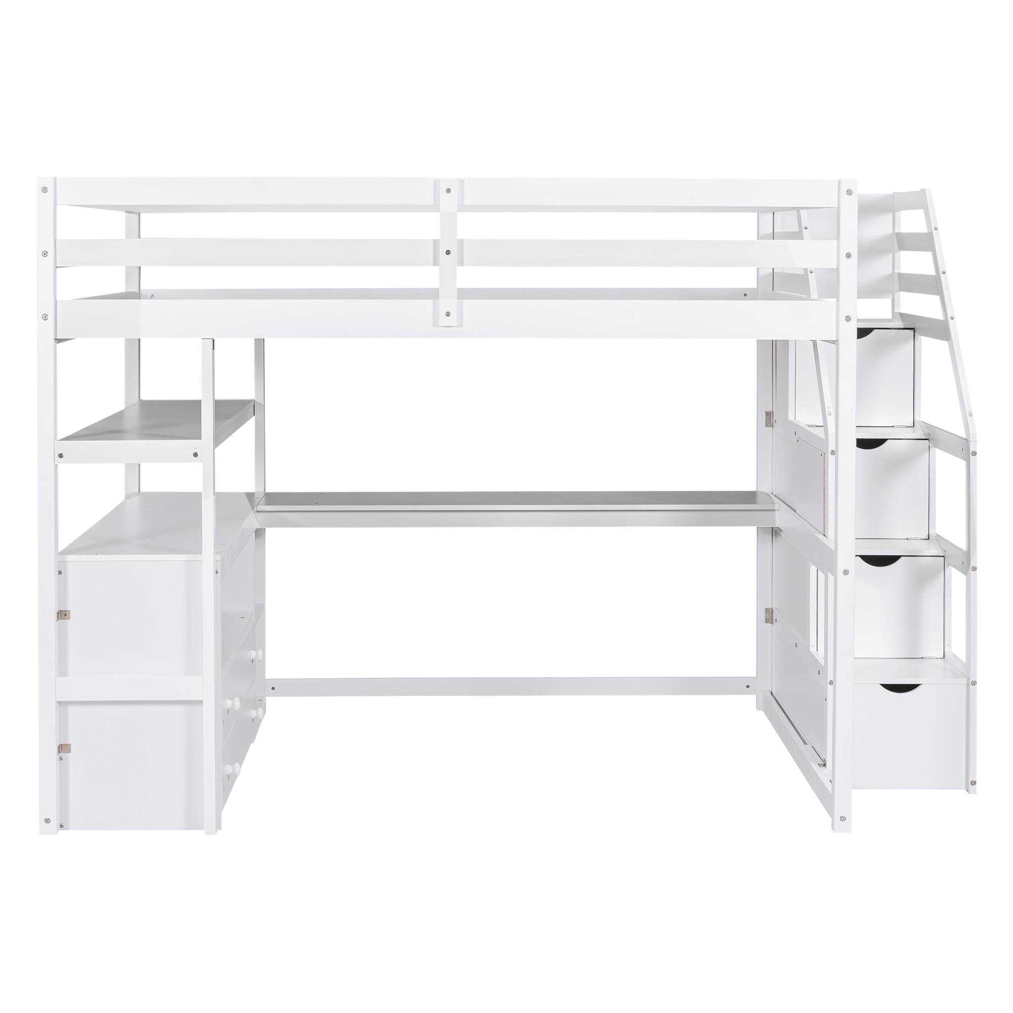 Alt View 7. Tiramisubest - Full Size Loft Bed with Desk, Shelves, Drawers & Storage Staircase, White Pine Wood - White.