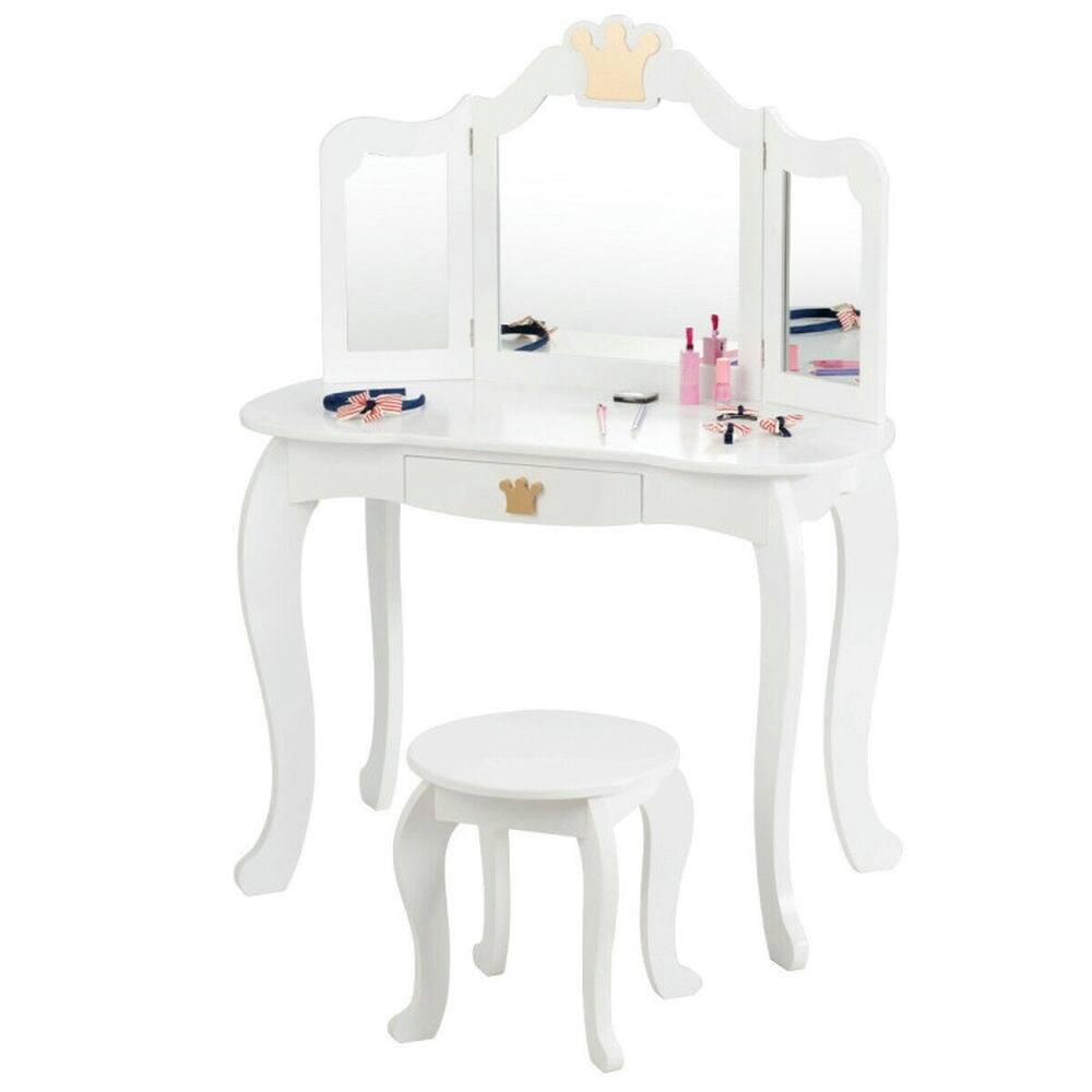 Back. Kadyn - Kids Makeup Dressing Table with Tri-folding Mirror and Stool-White, Kids Makeup Vanity for Girls Kids - White.