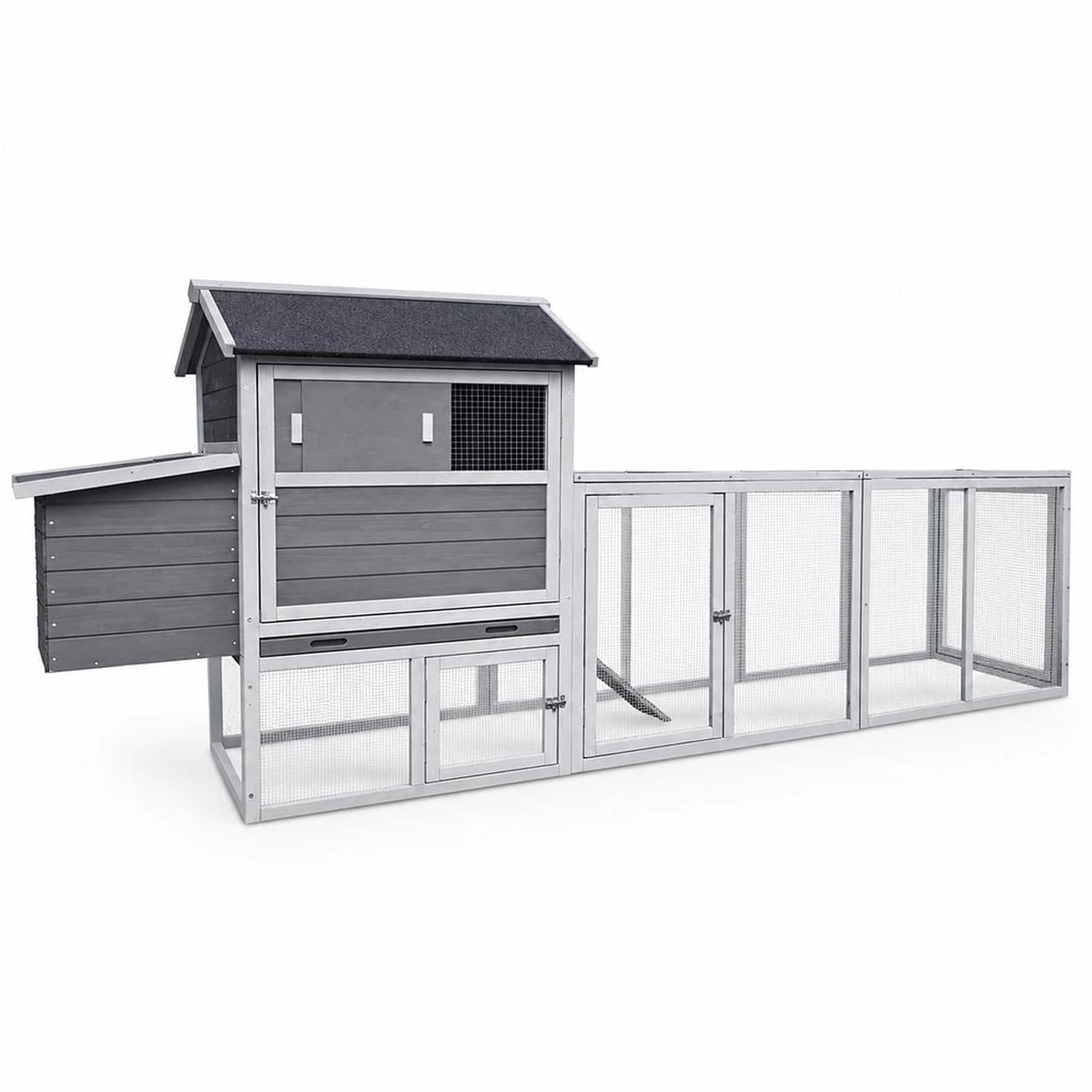 RYHNUYNE - Gray Wooden Chicken Coop, Large Outdoor Hen House, Waterproof Anti-UV Roof, Nesting Box and Run