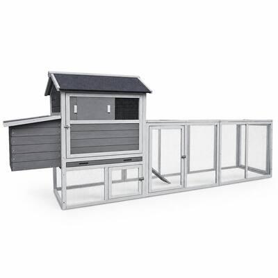 Front. RYHNUYNE - Gray Wooden Chicken Coop, Large Outdoor Hen House, Waterproof Anti-UV Roof, Nesting Box and Run.