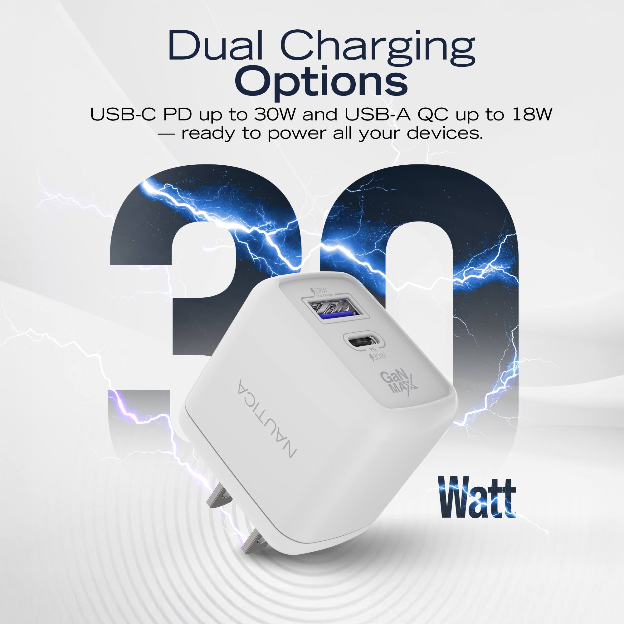 Dual Charging Options  
USB-C PD up to 30W and USB-A QC up to 18W  
— ready to power all your devices.  

20 Watt