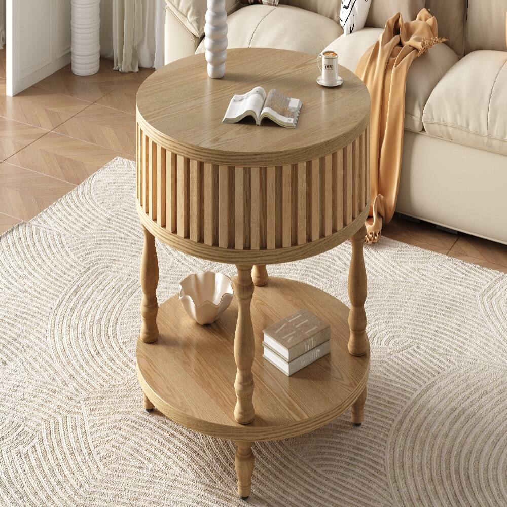 Alt View 4. Loheer - Loheer Mid Century Modern Fluted Coffee Table, Round Center Table with Hidden Storage, 31.5 Inch Natural Wood - Natural Wood.