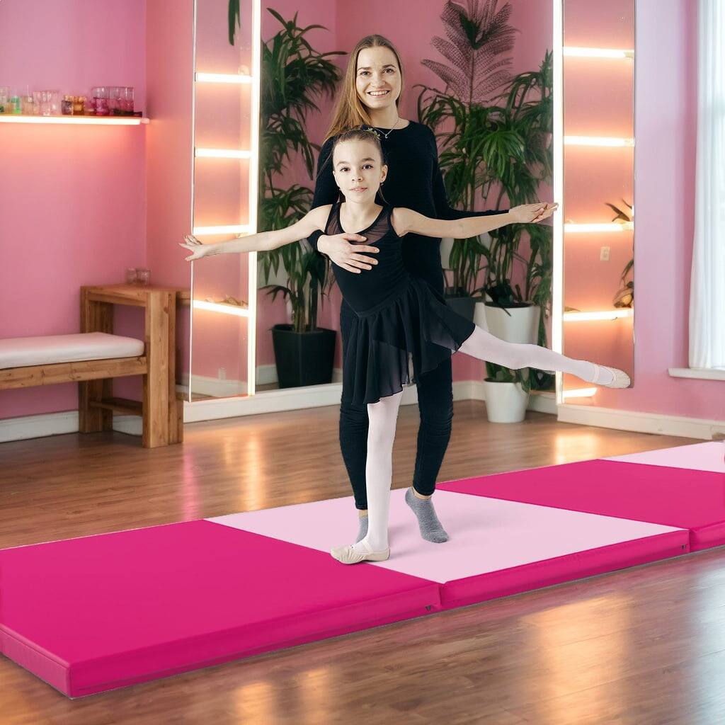 Front. Kadyn - Gymnastics Mat, Exercise Tumbling Mat,4-Panel PU Leather Folding Exercise Mat with Carrying Handles-Hot Pink - Pink.