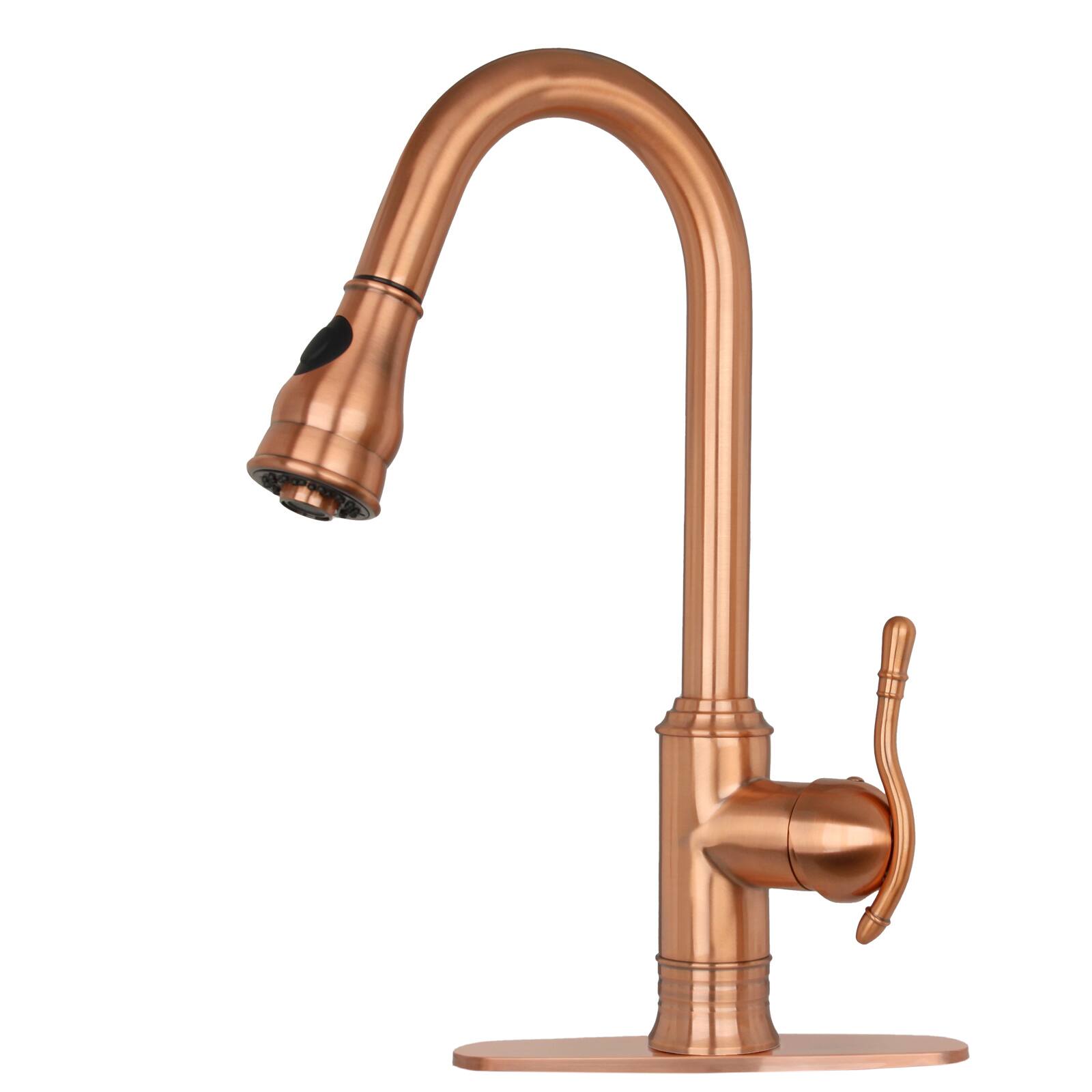 Front. Akicon - Akicon Solid Brass Single Handle Kitchen Faucet with Pull Down Sprayer in Copper - Copper.