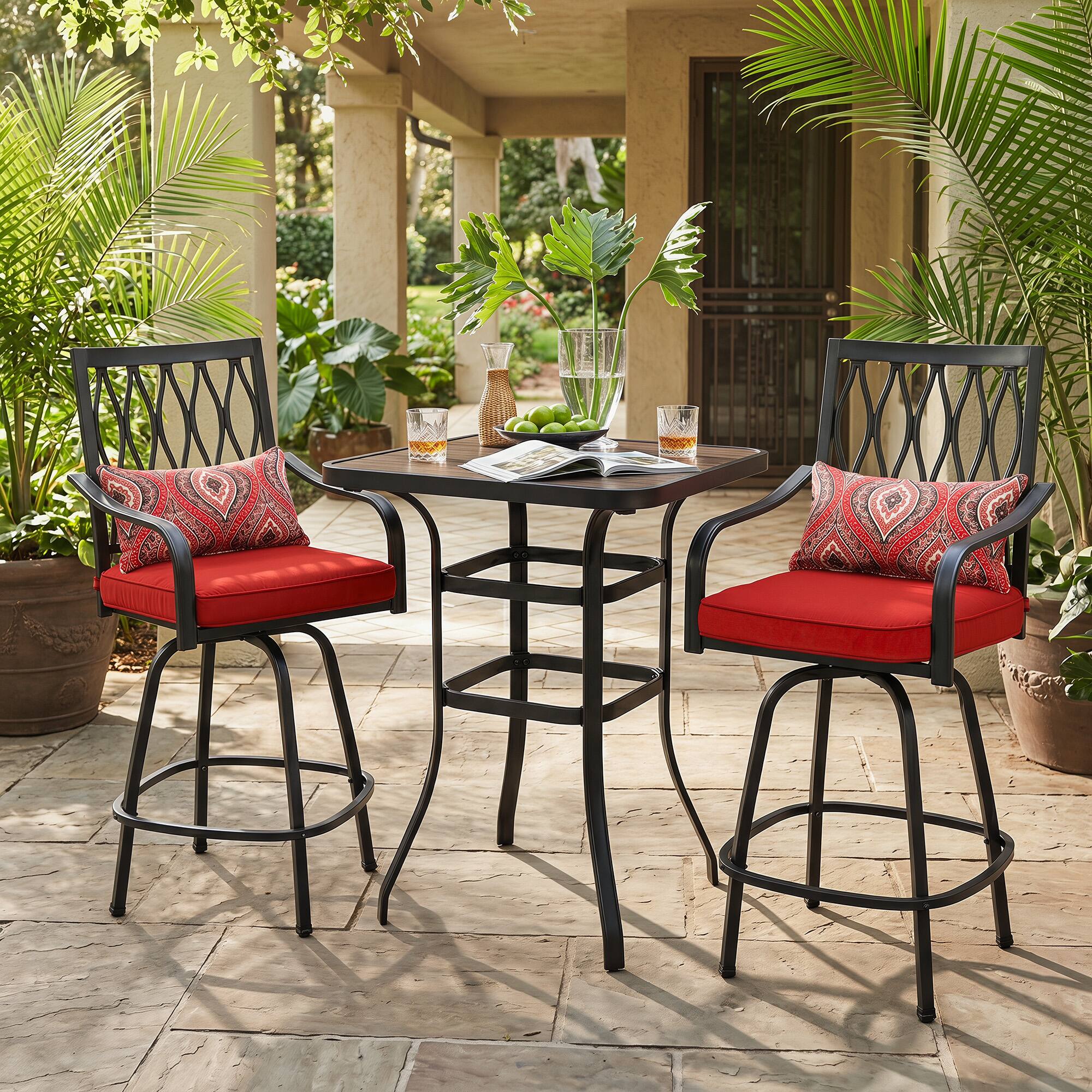 Angle. Nuu Garden - 3-Piece Patio Bar Set with Faux Wood Top, Swivel Bar Stools with Cushions - Black and Red.