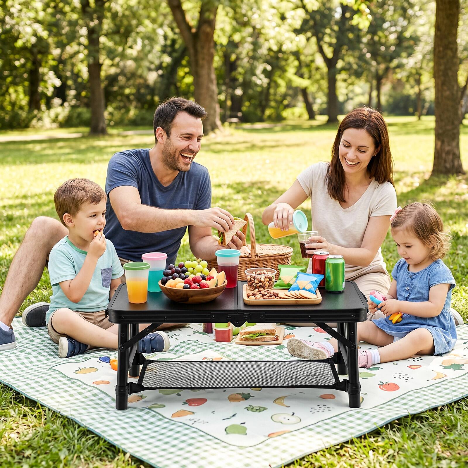 Alt View 3. Gymax - Gymax 2 FT Small Folding Camping Table w/3 Adjustable Heights Storage Net Carry Handle - Black.