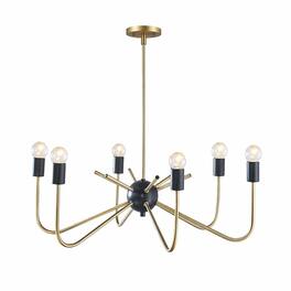 RYHNUYNE - Modern 6‑Light Metal Chandelier, Two‑Tone Sputnik Candle Style Light Fixture for Dining Room Living Room - Antique Brass+Black