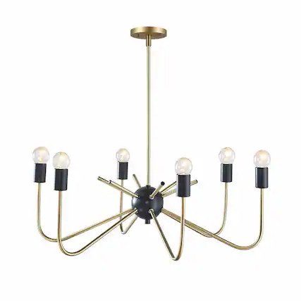 Front. RYHNUYNE - Modern 6‑Light Metal Chandelier, Two‑Tone Sputnik Candle Style Light Fixture for Dining Room Living Room - Antique Brass+Black.
