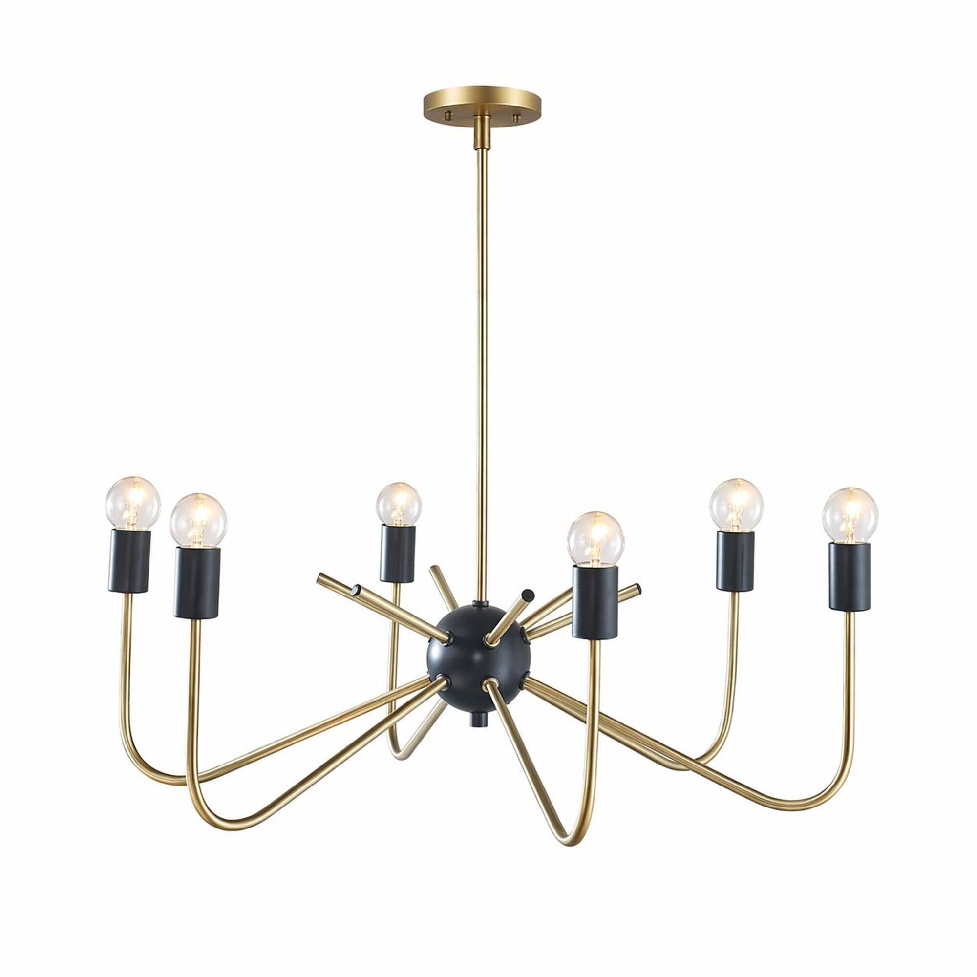 Front. RYHNUYNE - Modern 6‑Light Metal Chandelier, Two‑Tone Sputnik Candle Style Light Fixture for Dining Room Living Room - Antique Brass+Black.