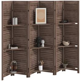 Homcom - Room Divider, 6 Panel 67" Tall Wood Privacy Screen with 3 Display Shelves, and Folding Storage for Bedroom - natural