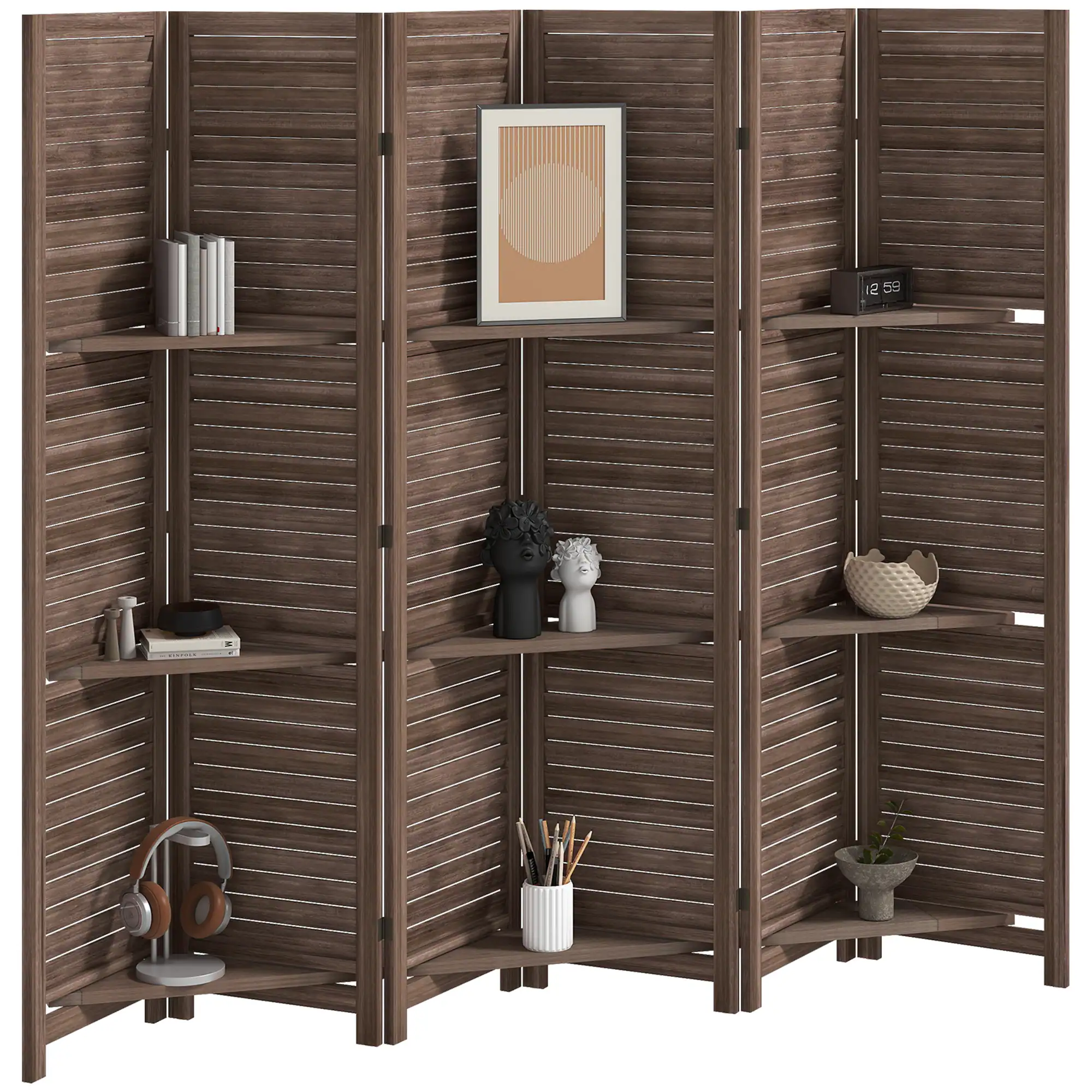 Front. Homcom - Room Divider, 6 Panel 67" Tall Wood Privacy Screen with 3 Display Shelves, and Folding Storage for Bedroom - natural.