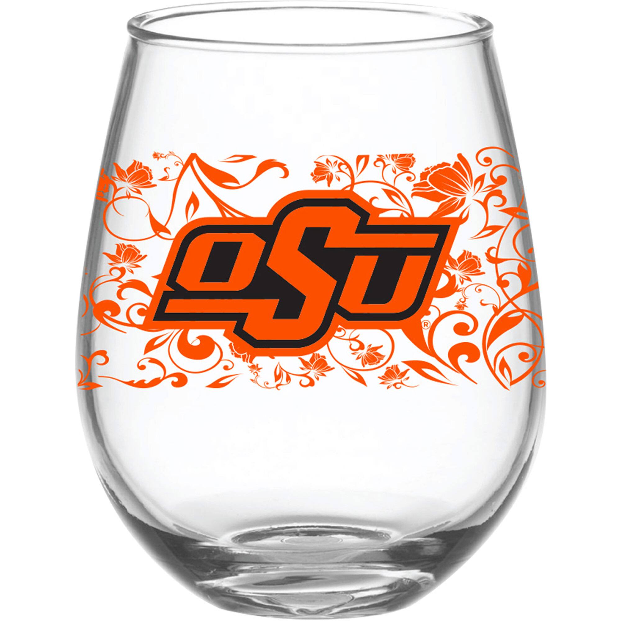 Front. Indigo Falls - Oklahoma State Cowboys 15oz. Floral Stemless Wine Glass - Multicolor.