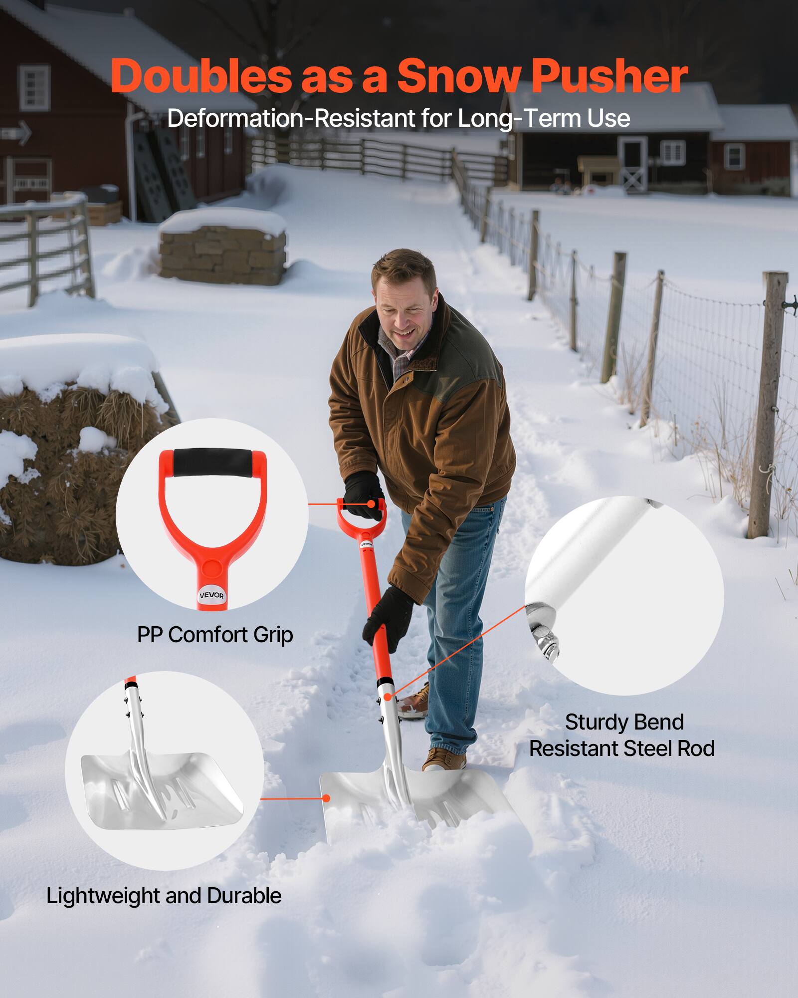Doubles as a Snow Pusher  
Deformation-Resistant for Long-Term Use  

- PP Comfort Grip  
- Sturdy Bend Resistant Steel Rod  
- Lightweight and Durable