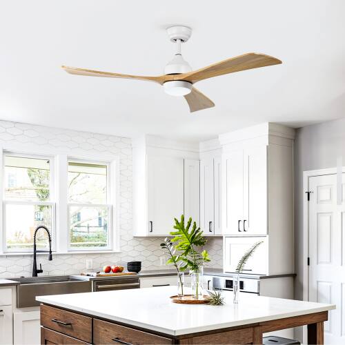 Alt View 6. LUCKY ONE - 52" Ceiling Fan with Light Remote 3 Solid Wood Blades DC Motor - Matte White,Natural Wood.