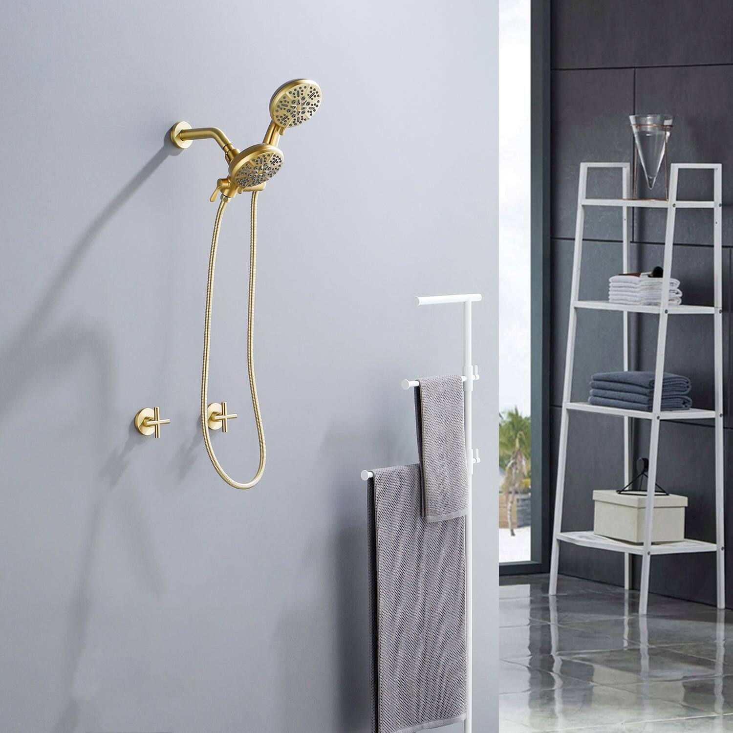 Alt View 2. Boyel Living - Brushed Gold Shower Set with Dual Handle Control and 7 Function Dual Shower Heads - Brushed Gold.