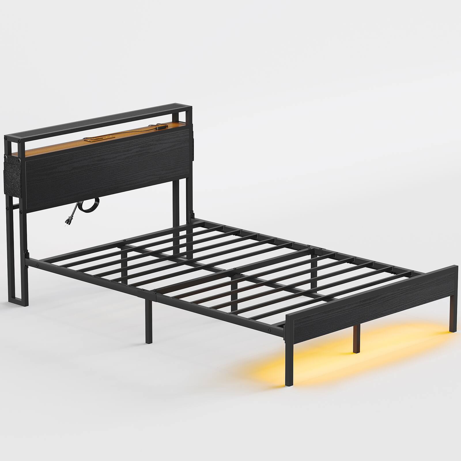 Angle. Bestier - Full Size Bed Frame with LED Lights, Storage Headboard, USB Ports & Under-Bed Space, No Box Spring Needed - Black.