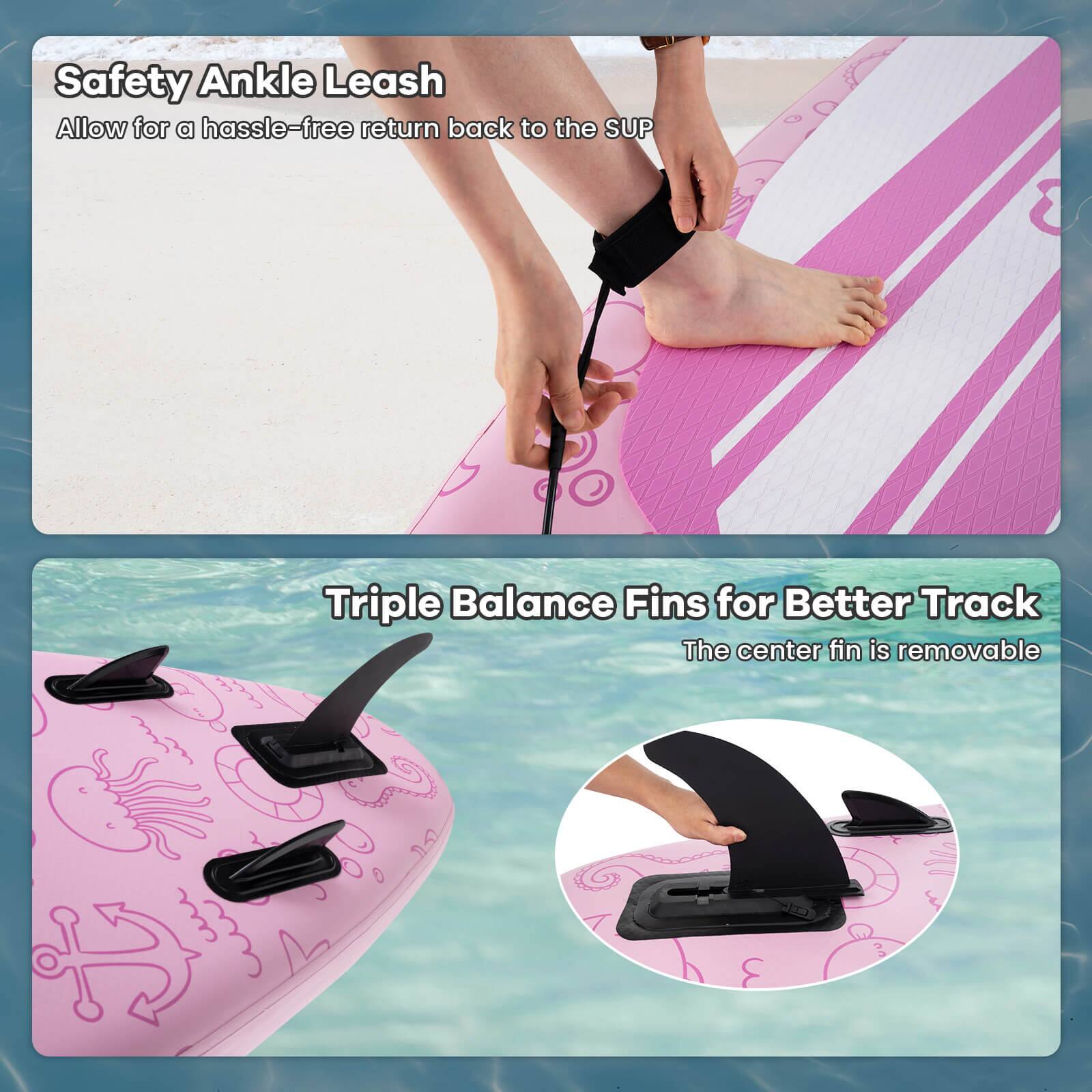 Safety Ankle Leash  
Allow for a hassle-free return back to the SUP  

Triple Balance Fins for Better Track  
The center fin is removable