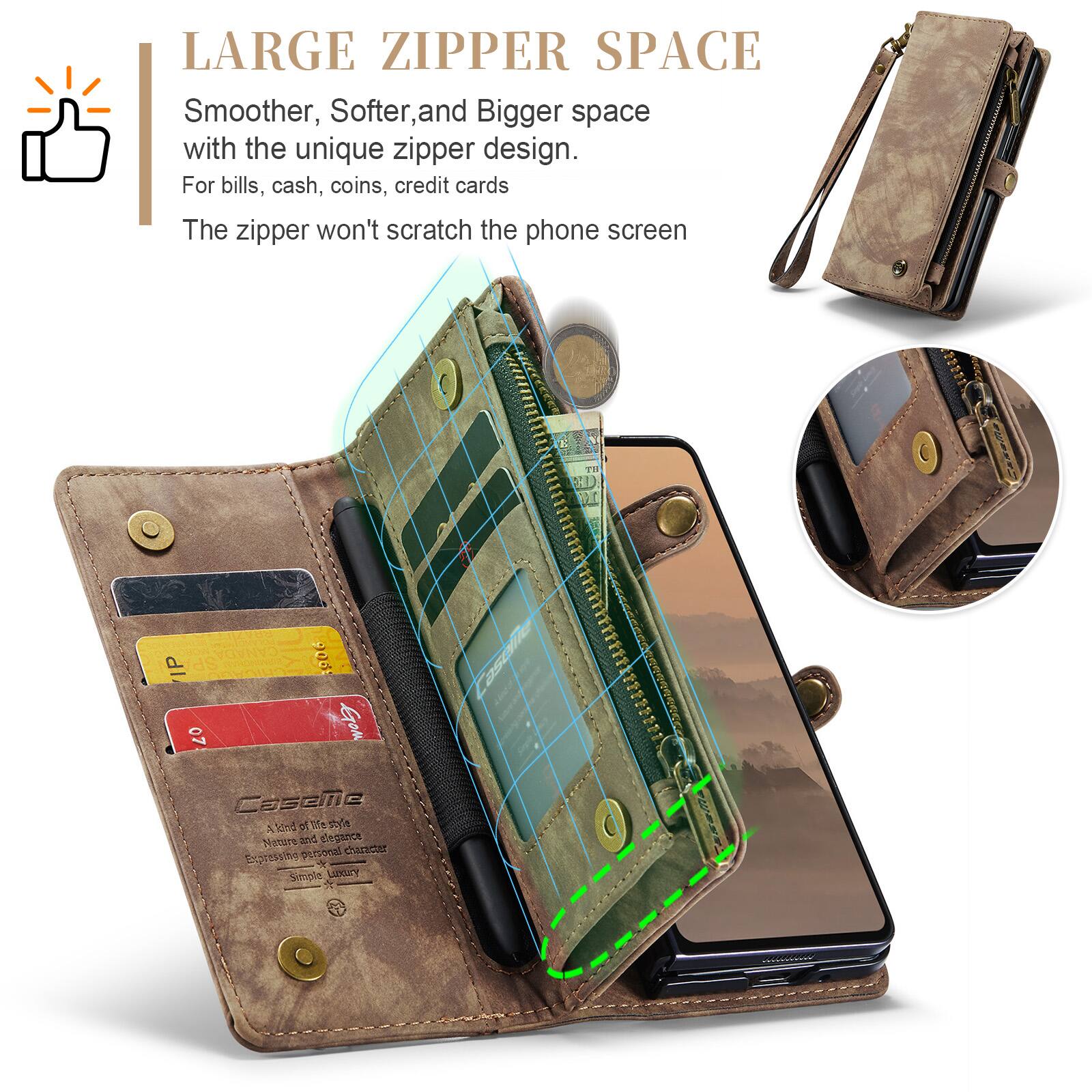 LARGE ZIPPER SPACE  
Smoother, Softer, and Bigger space with the unique zipper design.  
For bills, cash, coins, credit cards  
The zipper won't scratch the phone screen  

TERLEE TH ED PE CANAD 905 IP SP 07  
Casete AY 5 o 00s ts 07e Dird noig_to_ancs personal chhaceter Eipressing  
Simple LntrY 5 272271 1E SEbn