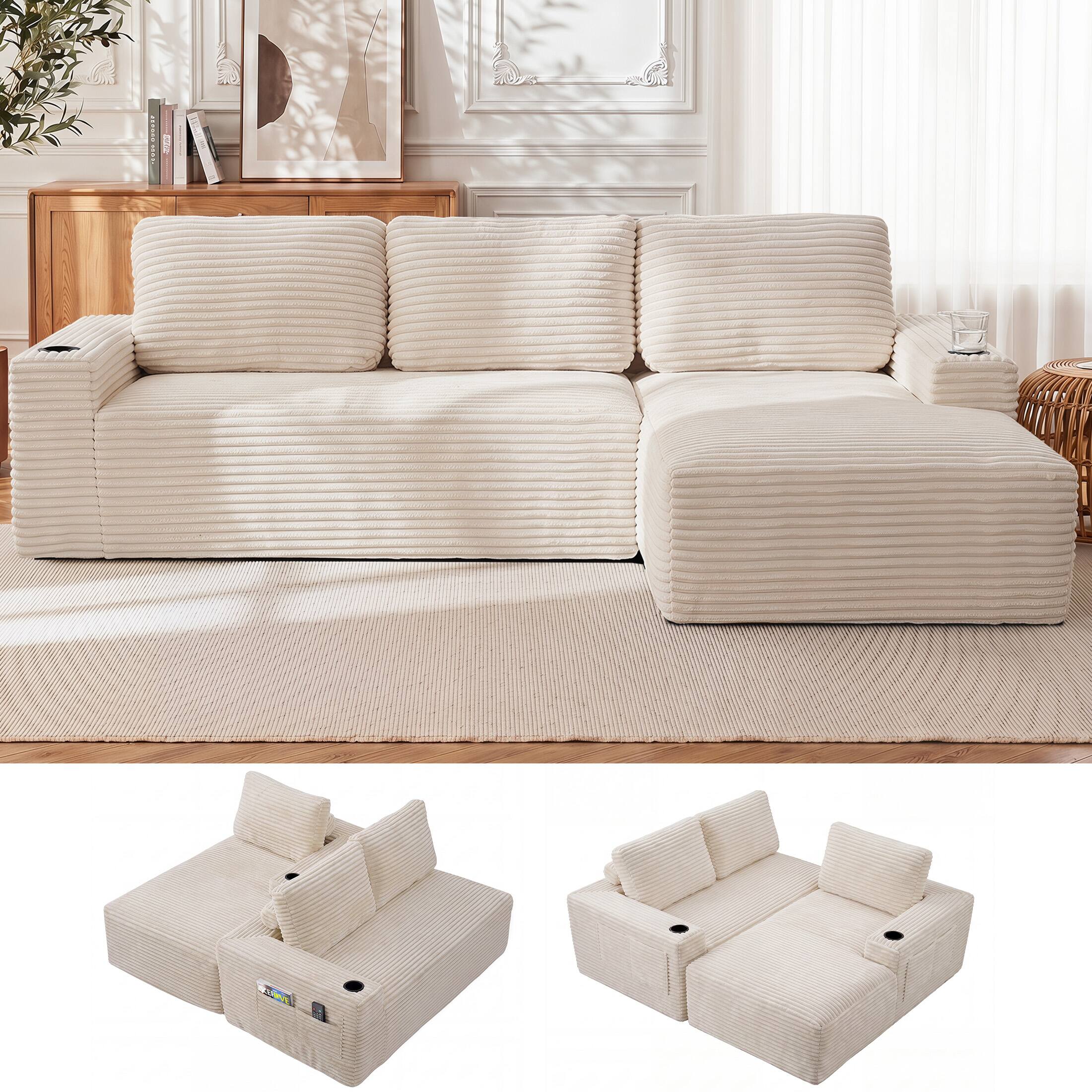 Angle. Anysun - 104" L-Shape Cloud Corduroy Sectional Couch – Modern Modular Sectional Sofa with Deep Seat, Right facing - Cream White.