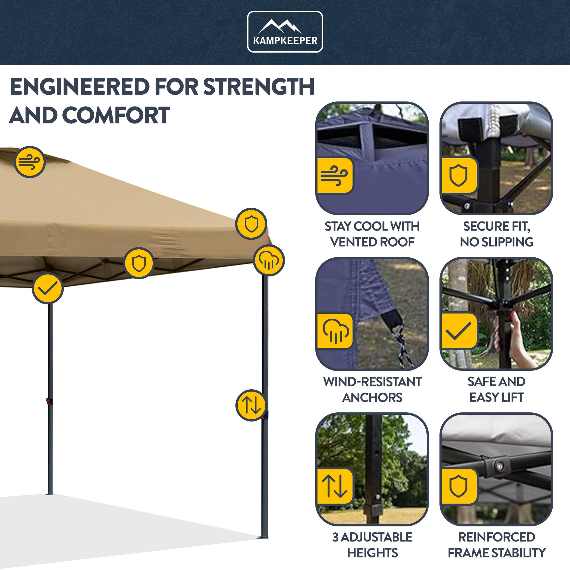 KAMPKEEPER ENGINEERED FOR STRENGTH AND COMFORT

- STAY COOL WITH VENTED ROOF
- SECURE FIT, NO SLIPPING
- WIND-RESISTANT ANCHORS
- SAFE AND EASY LIFT
- 3 ADJUSTABLE HEIGHTS
- REINFORCED FRAME STABILITY