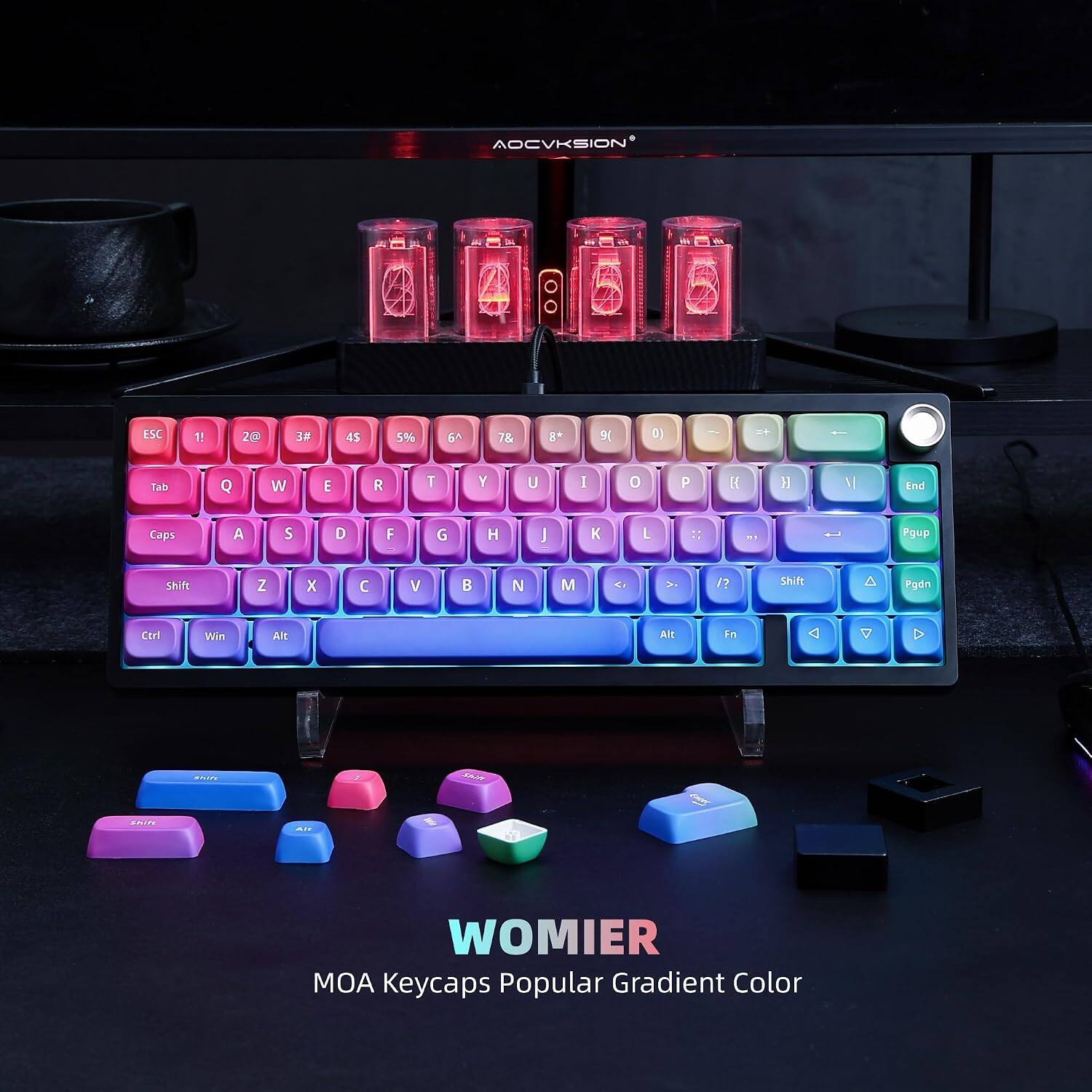 AOC VKSION 1 ESC 1! 20 3 45 5% 6 T 8 % D) | m Tab Q W E R T Y U I 0 P I  NI End Caps A S D F G H I K L :: ...  Pgup Shift Z X  V  N M <1 2. /? Shift Pgdn Ctrl Win Alt Alt Fn a  A ... S EA/N -. 1 WOMIER MOA Keycaps Popular Gradient Color