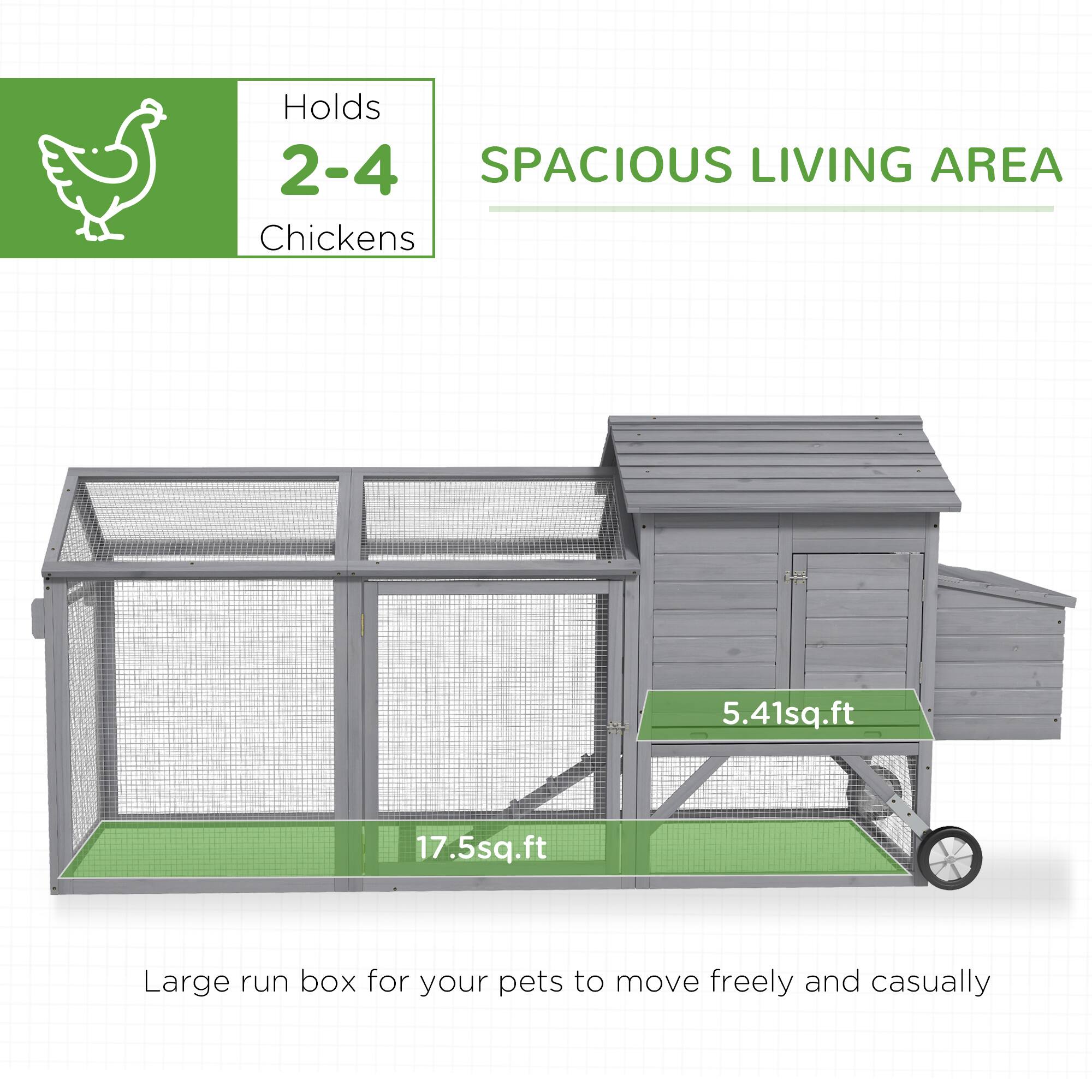 Holds 2-4 Chickens

SPACIOUS LIVING AREA

5.41sq.ft

17.5sq.ft

Large run box for your pets to move freely and casually