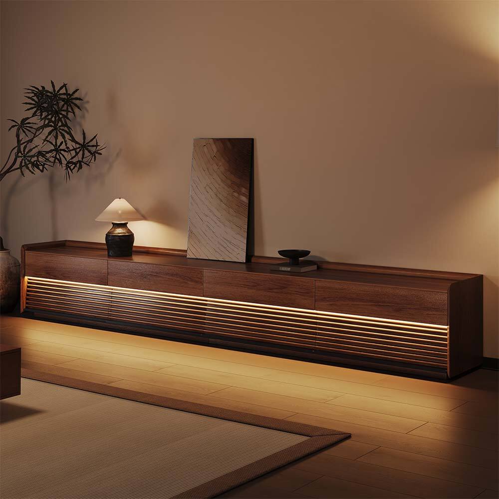 Front. POVISON - 118"Fully-Assembled Mid-Century TV Stand, Walnut Modern Cabinet with Adjustable Light, Perfect for 95-inch TVs - Walnut.