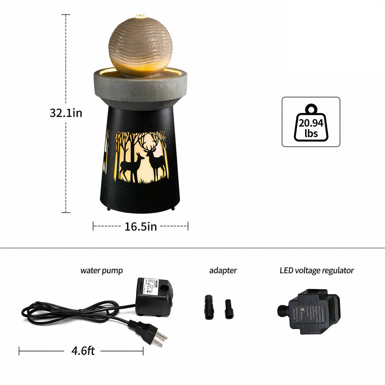 32.1in  
20.94 lbs  
16.5in  
water pump adapter LED voltage regulator 4.6ft